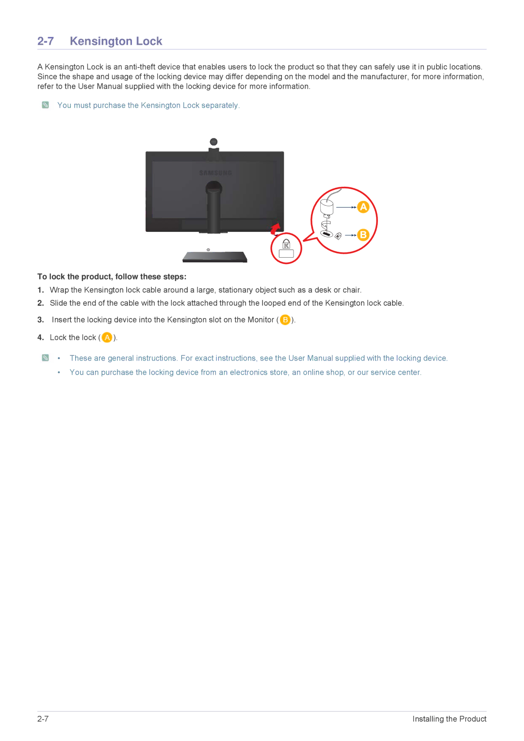 Samsung VC240 user manual Kensington Lock, To lock the product, follow these steps 