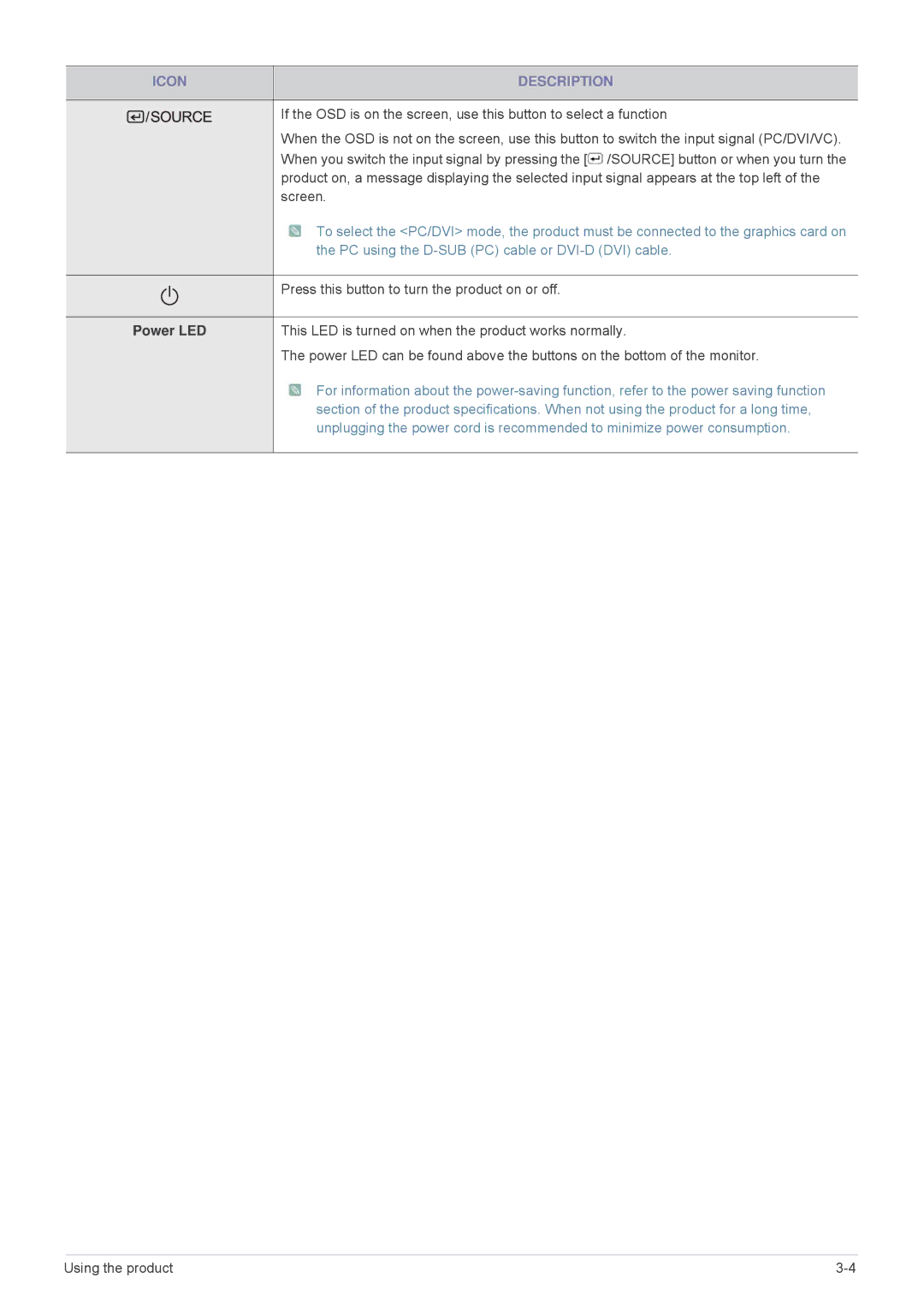 Samsung VC240 user manual Power LED 