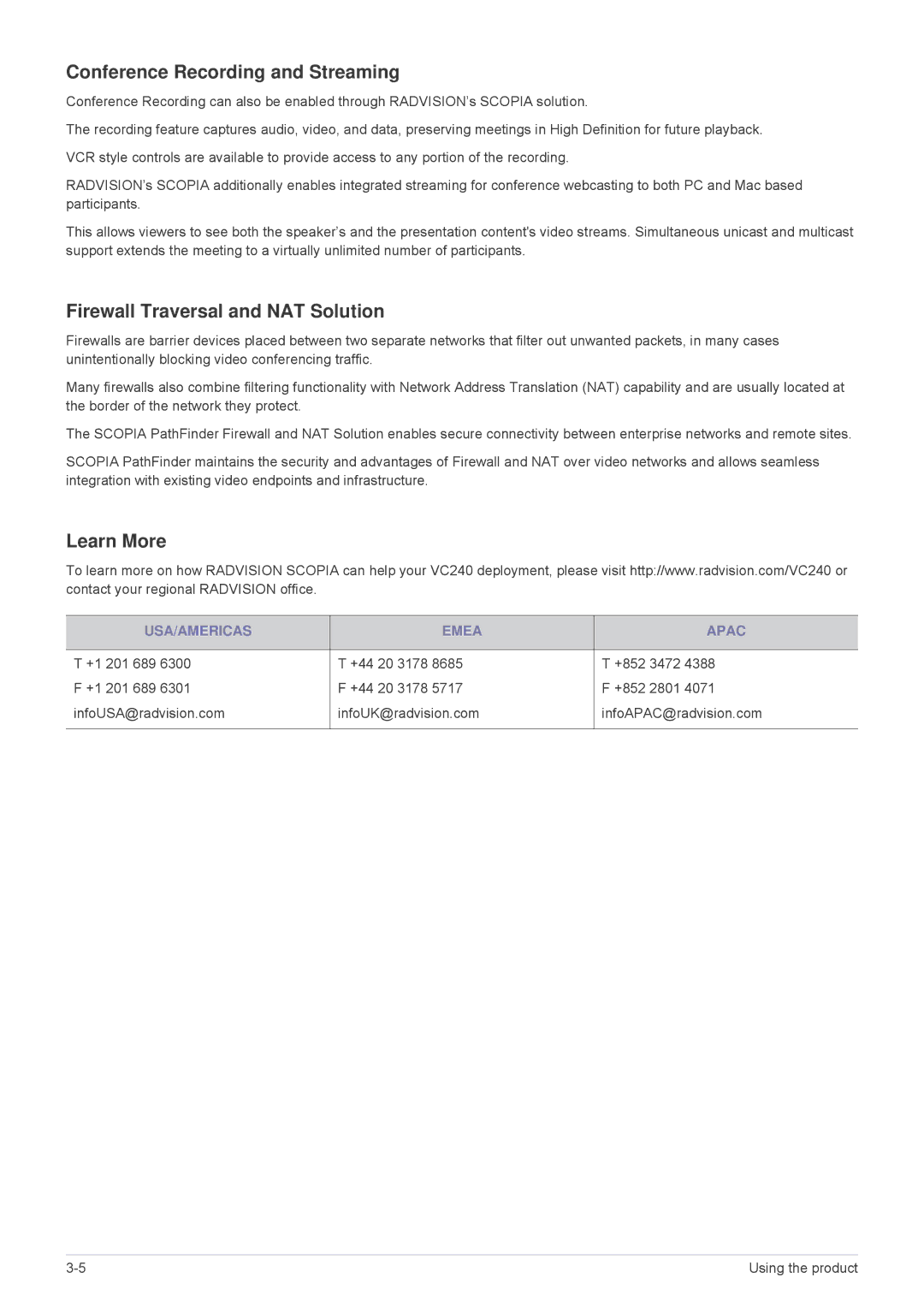 Samsung VC240 Conference Recording and Streaming, Firewall Traversal and NAT Solution, Learn More, USA/AMERICAS Emea Apac 