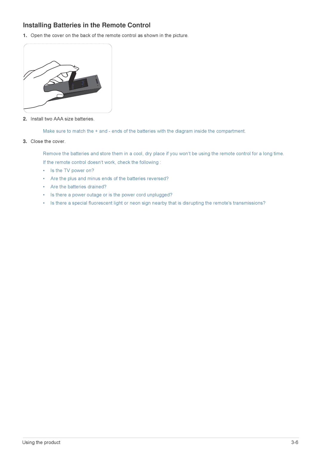 Samsung VC240 user manual Installing Batteries in the Remote Control 