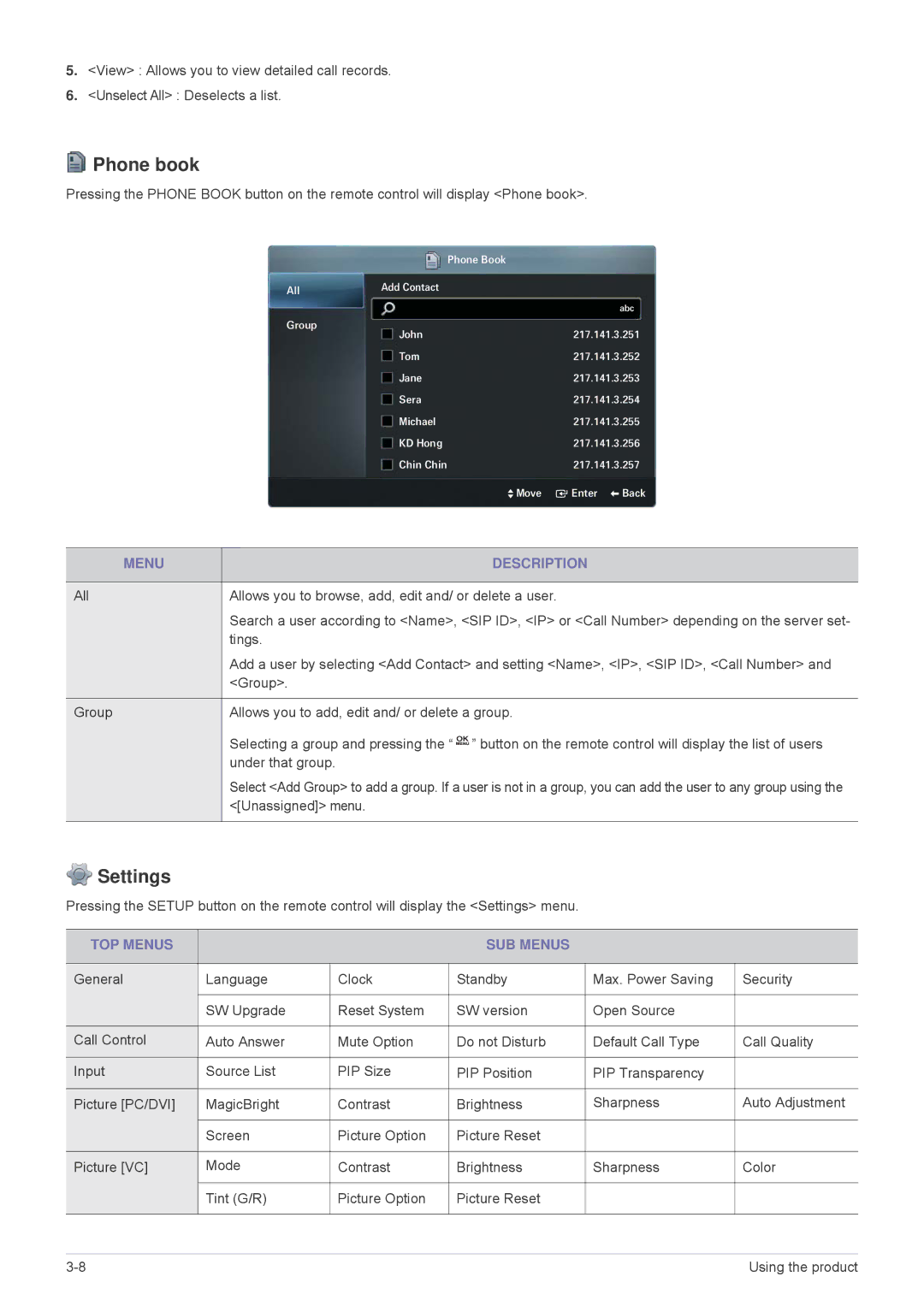 Samsung VC240 user manual Phone book, Settings, Menu Description, TOP Menus SUB Menus 