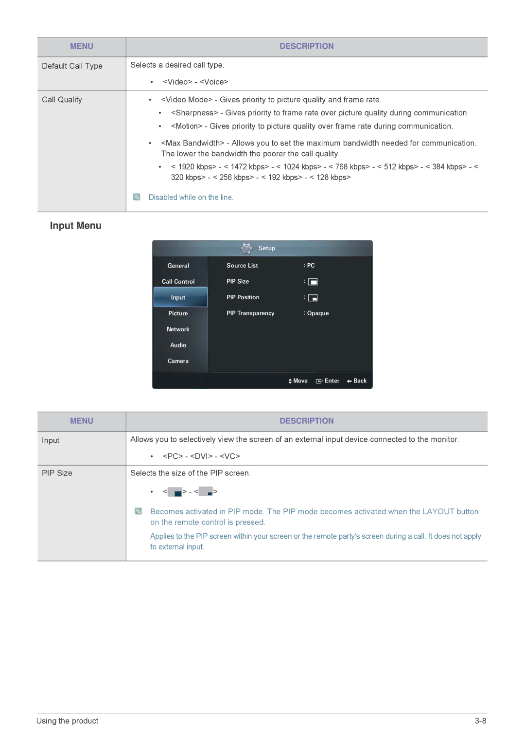 Samsung VC240 user manual Input Menu 