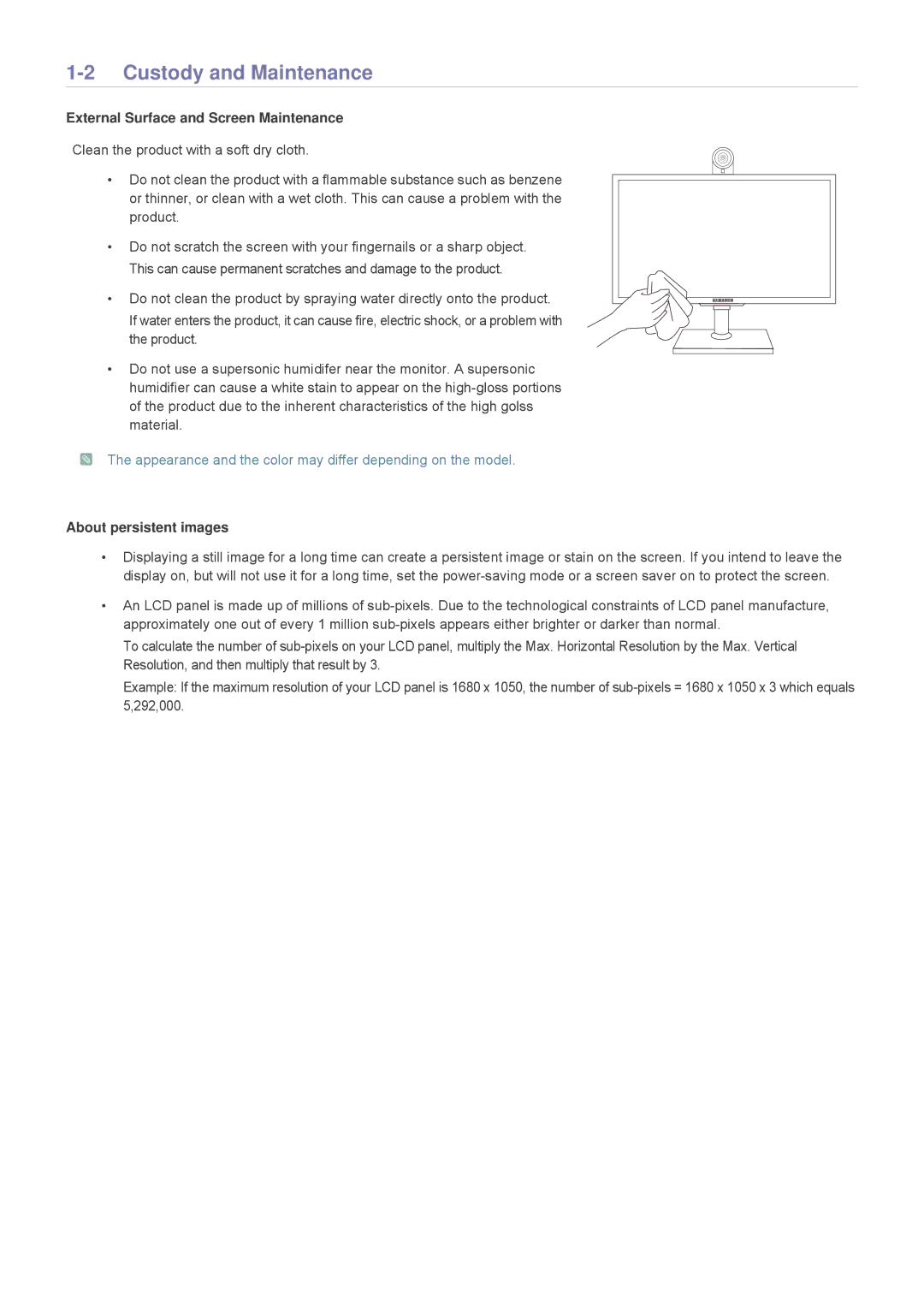 Samsung VC240 user manual Custody and Maintenance, External Surface and Screen Maintenance, About persistent images 