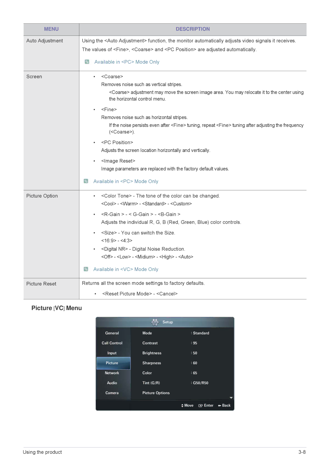 Samsung VC240 user manual Picture VC Menu, Available in VC Mode Only 