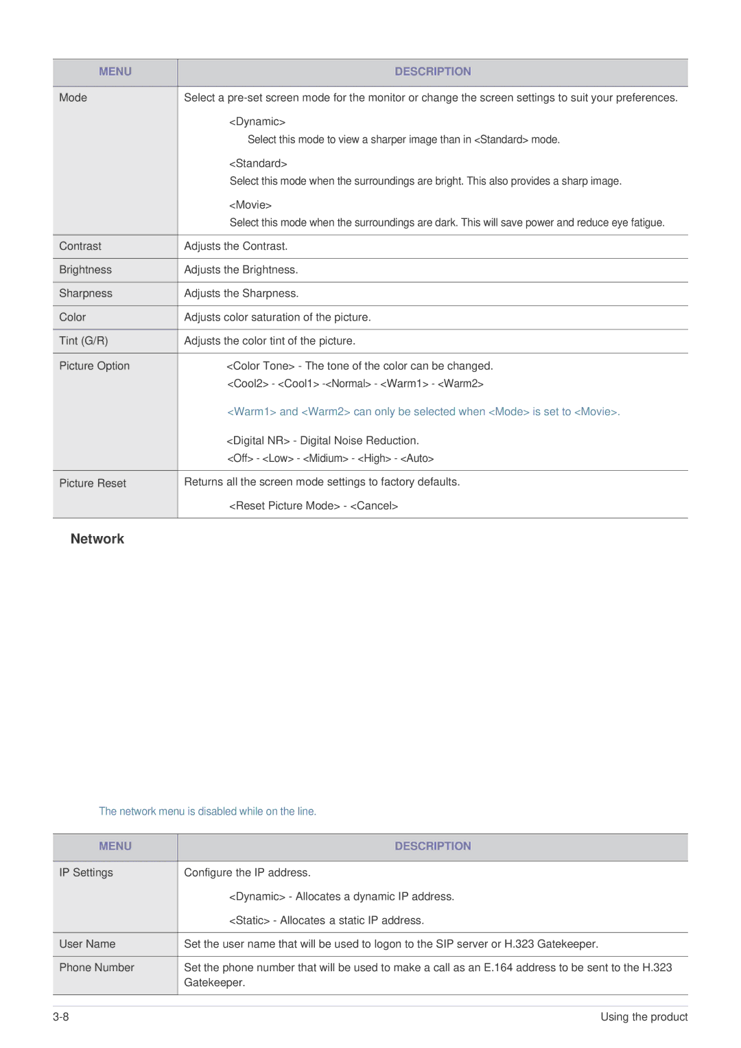 Samsung VC240 user manual Network, Movie 