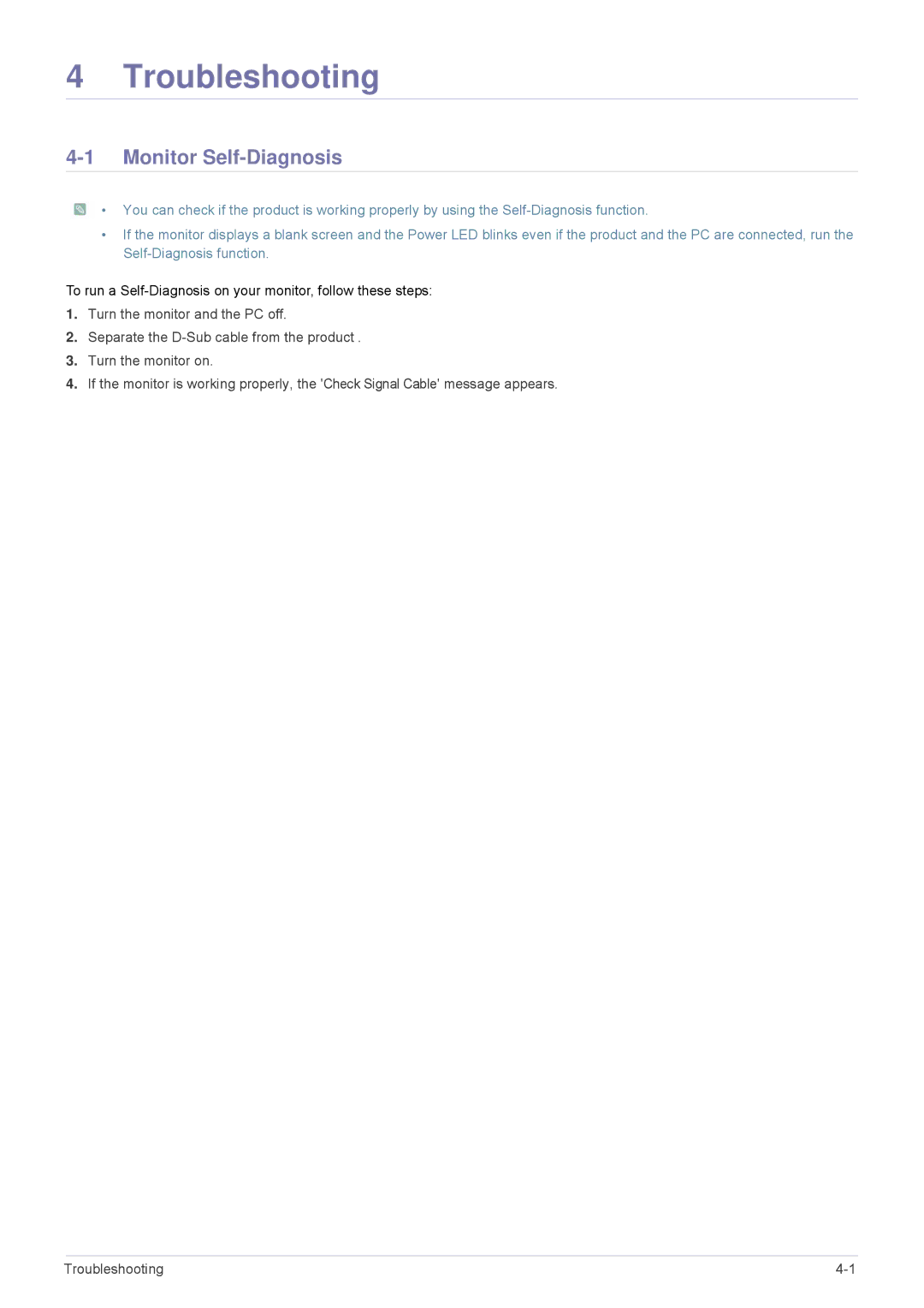 Samsung VC240 user manual Troubleshooting, Monitor Self-Diagnosis 