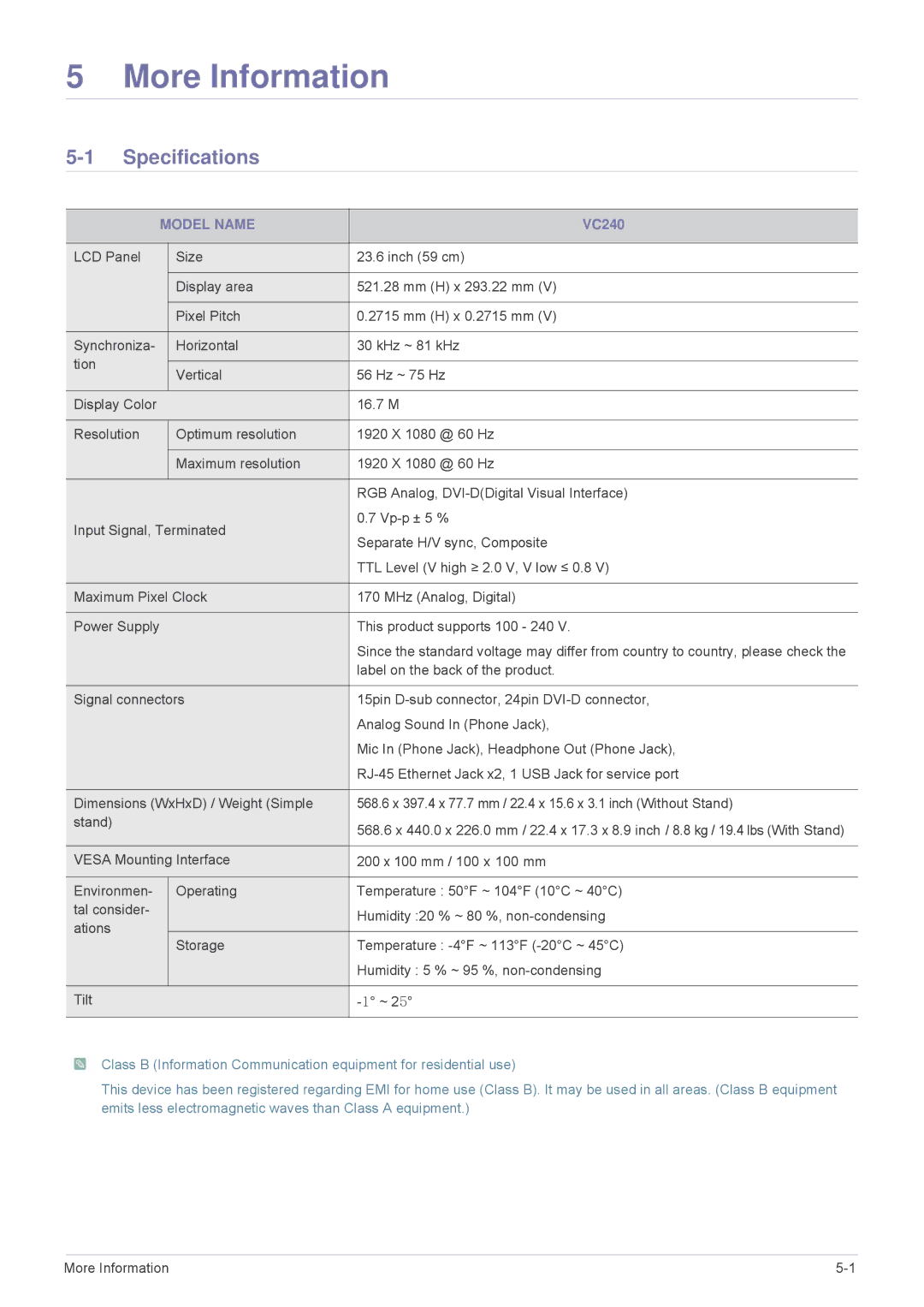 Samsung VC240 user manual Specifications, Model Name 