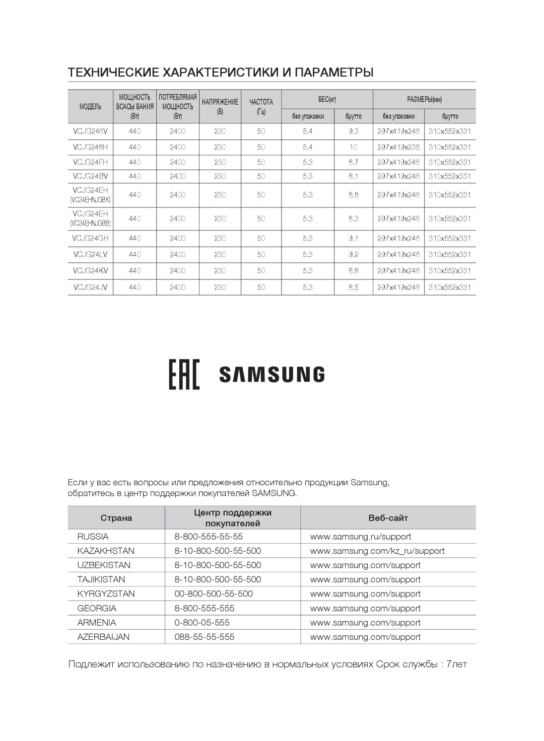 Samsung VC24FHNJGWQ/EV, VC248HNJGNC/EV, VC248HNJGPT/EV, VC24JVNJGBJ/EV, VC24LVNJGBB/EV Технические Характеристики И Параметры 