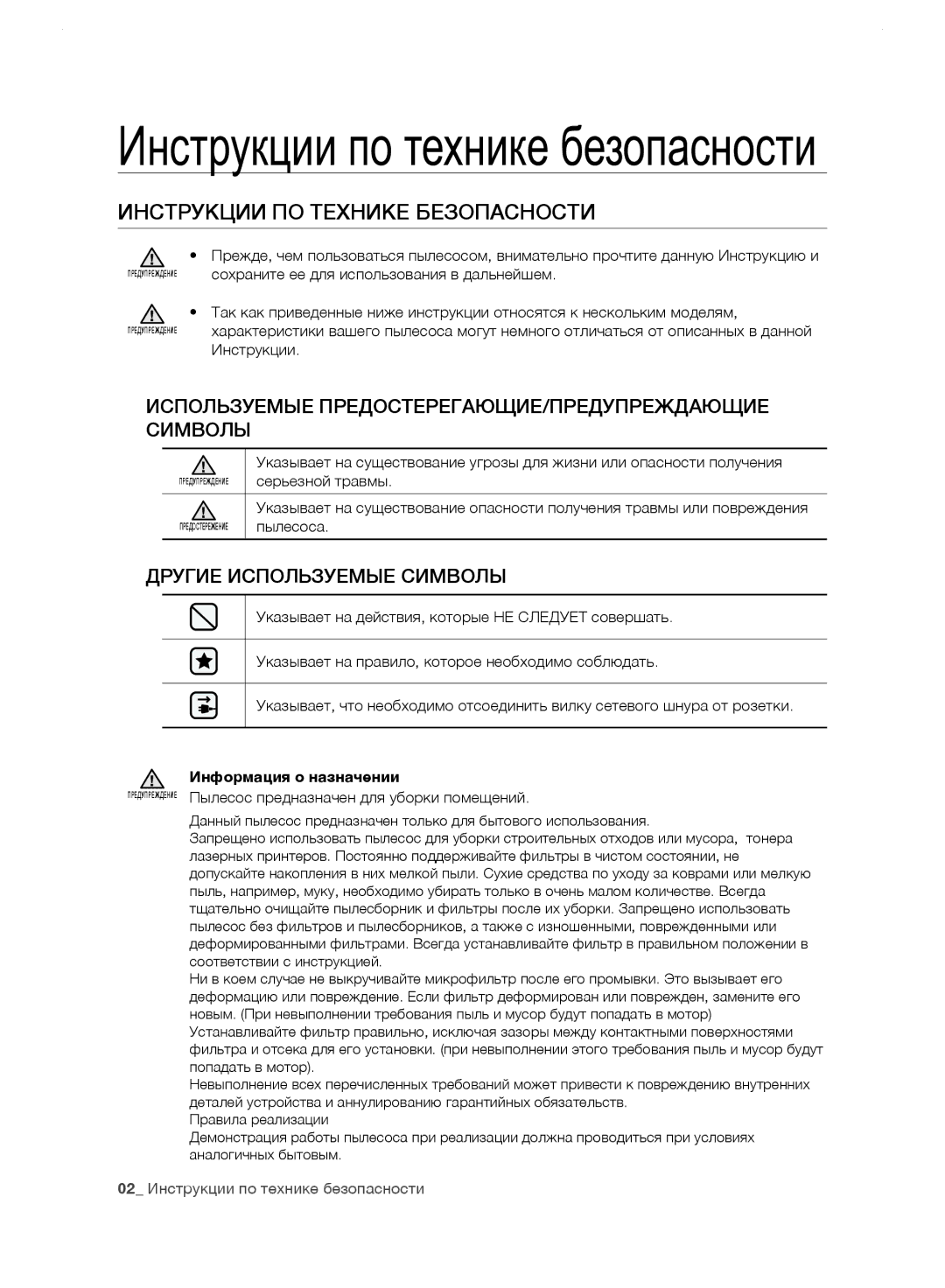 Samsung VC24FHNJGWQ/EV manual Инструкции ПО Технике Безопасности, Используемые ПРЕДОСТЕРЕГАЮЩИЕ/ПРЕДУПРЕЖДАЮЩИЕ Символы 