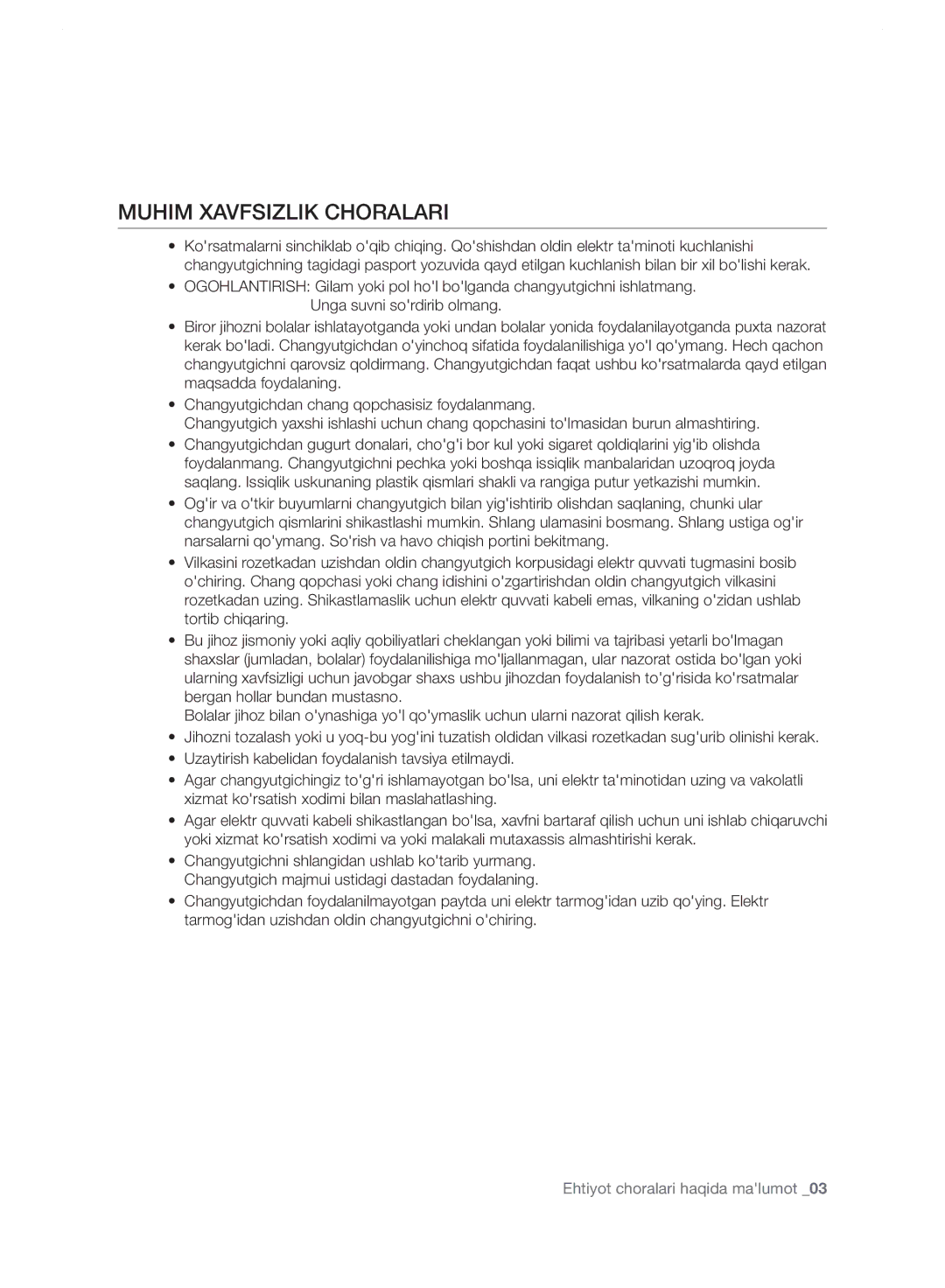 Samsung VC248HNJGPT/EV, VC248HNJGNC/EV, VC24FHNJGWQ/EV, VC24JVNJGBJ/EV, VC24LVNJGBB/EV manual Muhim Xavfsizlik Choralari 