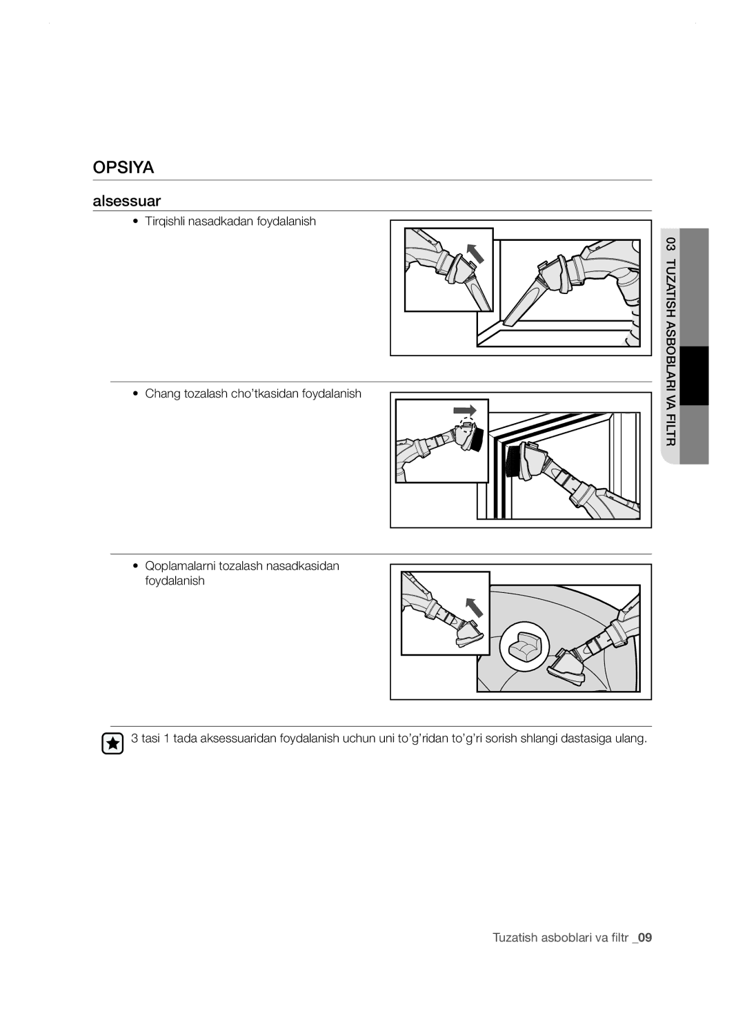 Samsung VC24GHNJGBK/EV, VC248HNJGNC/EV, VC248HNJGPT/EV, VC24FHNJGWQ/EV manual Opsiya, Alsessuar, Filtrva03 Tasboblariuzatish 