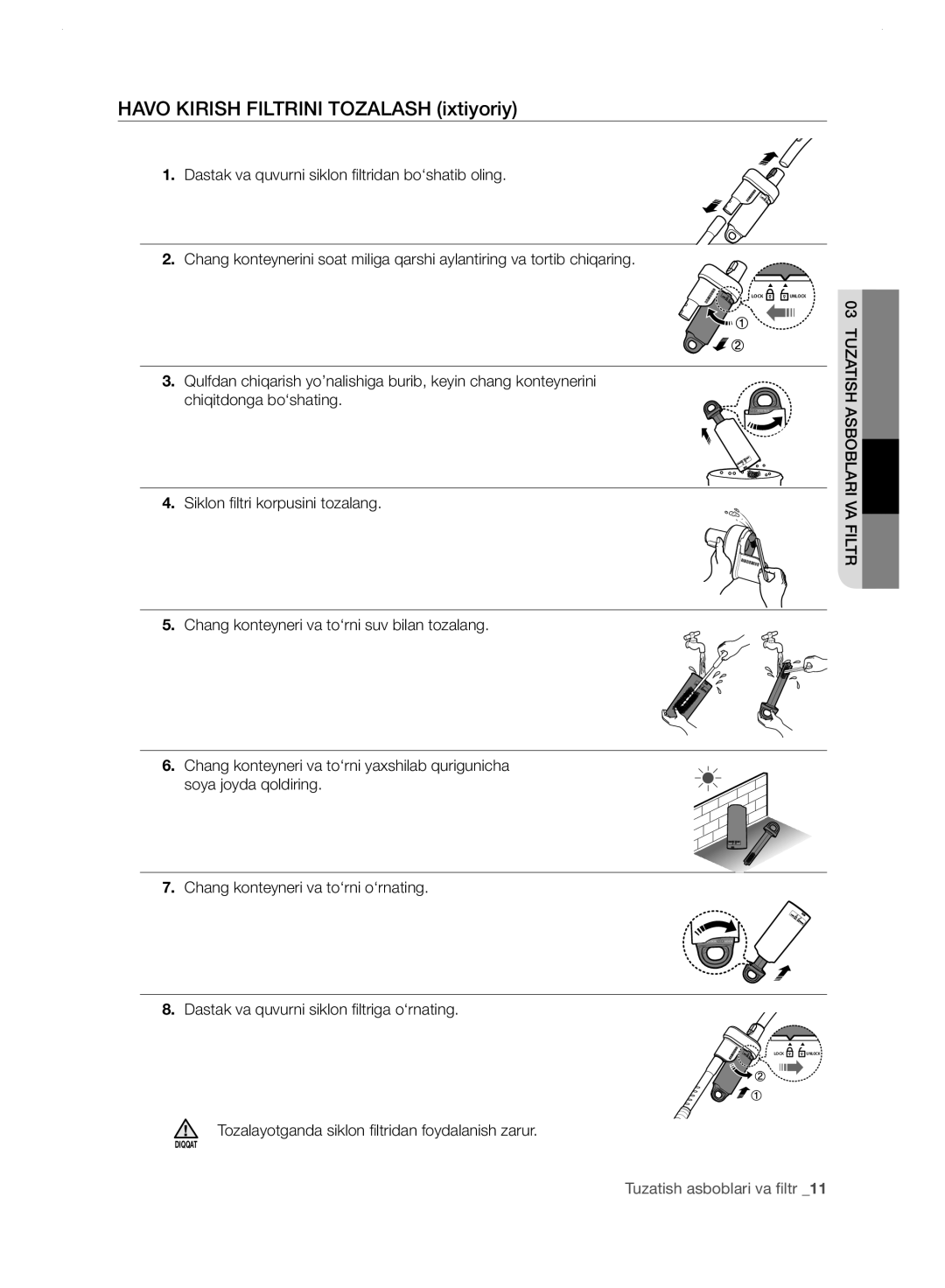 Samsung VC248HNJGPT/EV manual Havo Kirish Filtrini Tozalash ixtiyoriy, Dastak va quvurni siklon filtridan bo‘shatib oling 