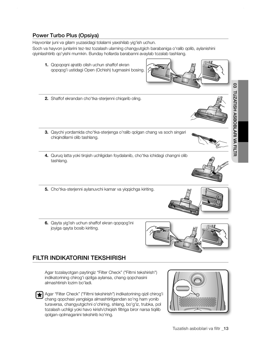 Samsung VC24JVNJGBJ/EV, VC248HNJGNC/EV, VC248HNJGPT/EV manual Filtr Indikatorini Tekshirish, Power Turbo Plus Opsiya 