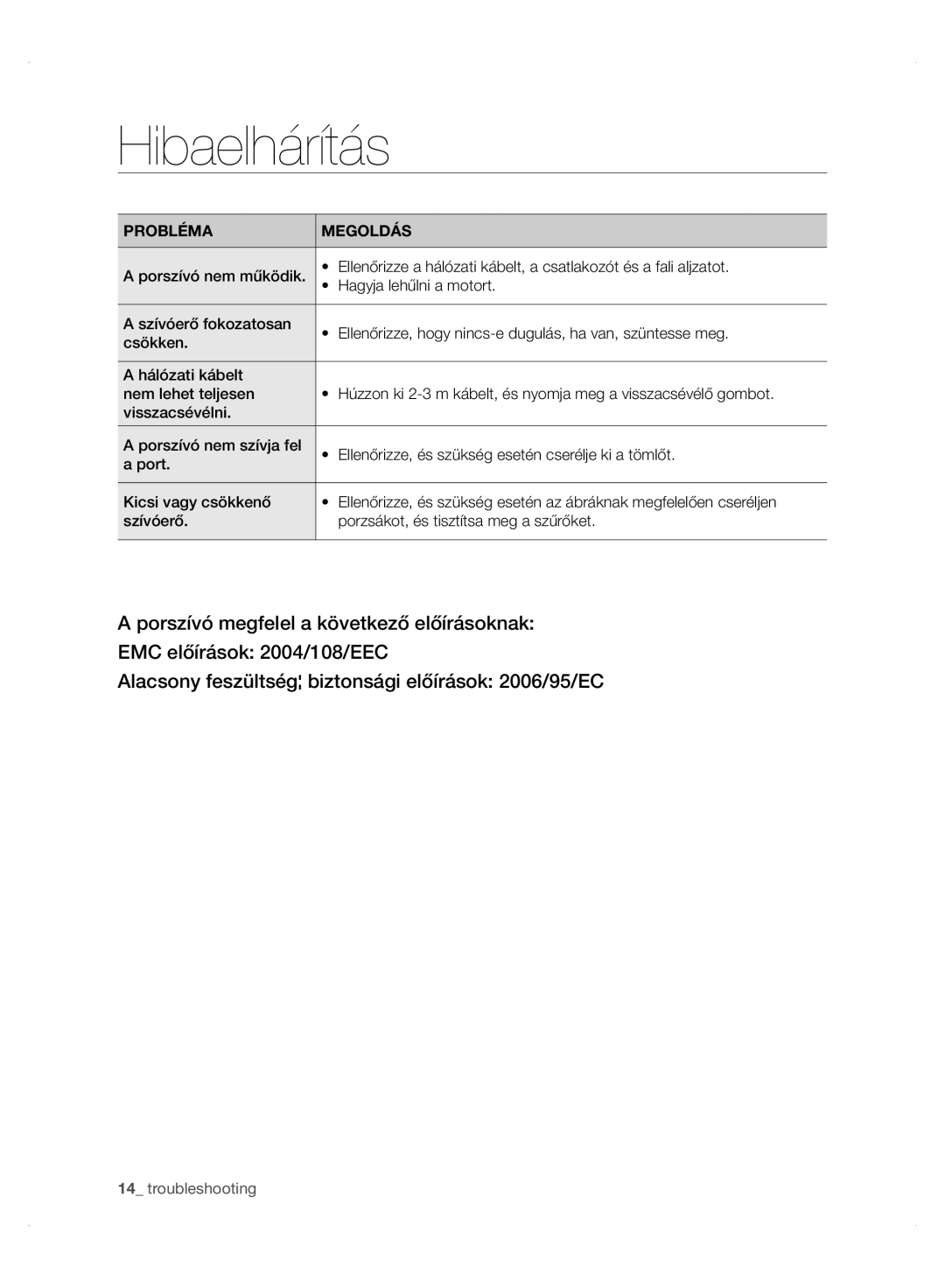 Samsung VC24AVNJGGT/SW, VC24AVNJGGT/EH, VC24AHNJGGT/AG, VC24AHNJGGT/EH, VC24AHNJGGT/EO manual Hibaelhárítás, Probléma Megoldás 