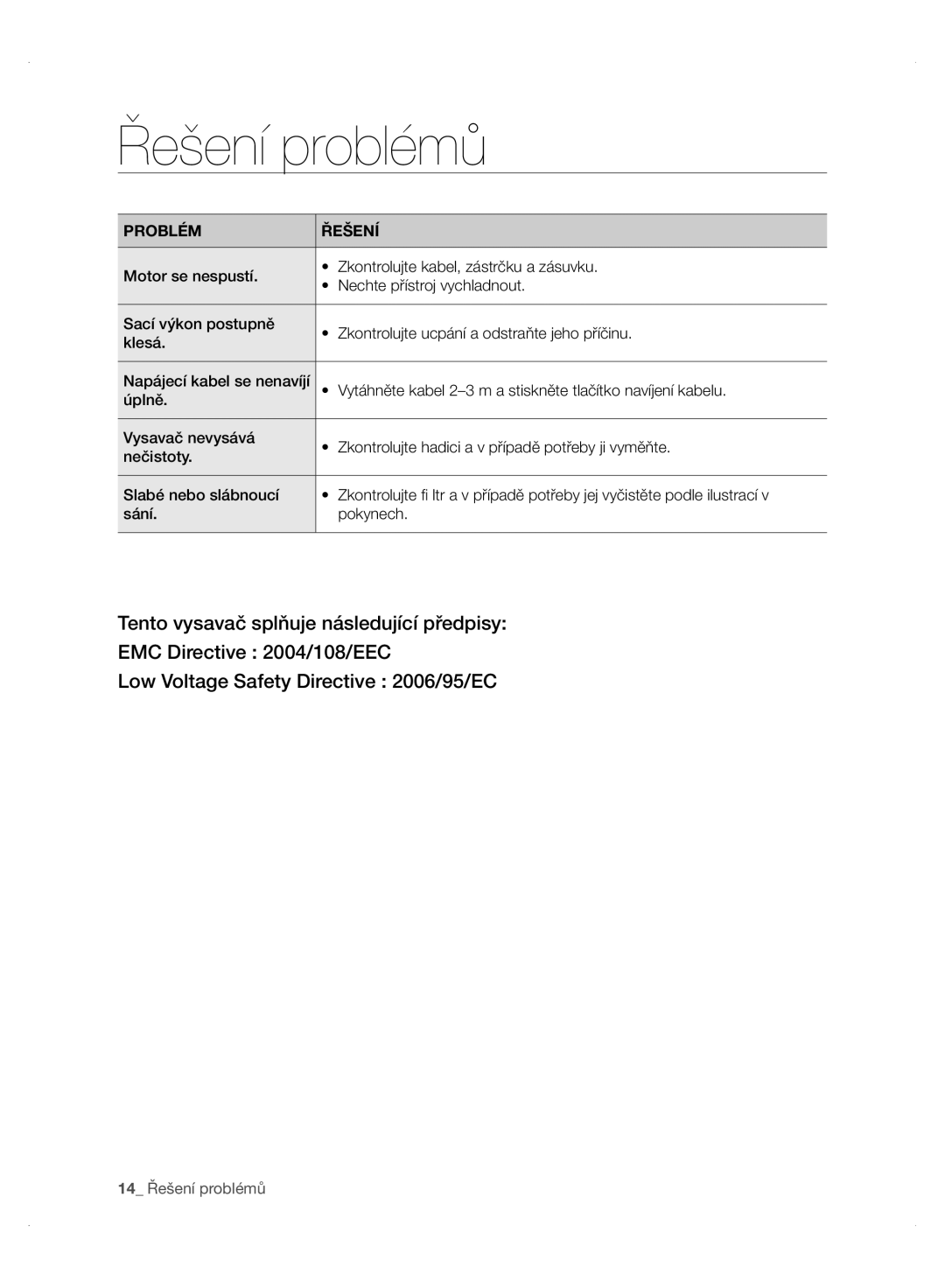 Samsung VC24AVNJGGT/EH, VC24AHNJGGT/AG, VC24AVNJGGT/SW, VC24AHNJGGT/EH, VC24AHNJGGT/EO manual Řešení problémů, Problém Řešení 