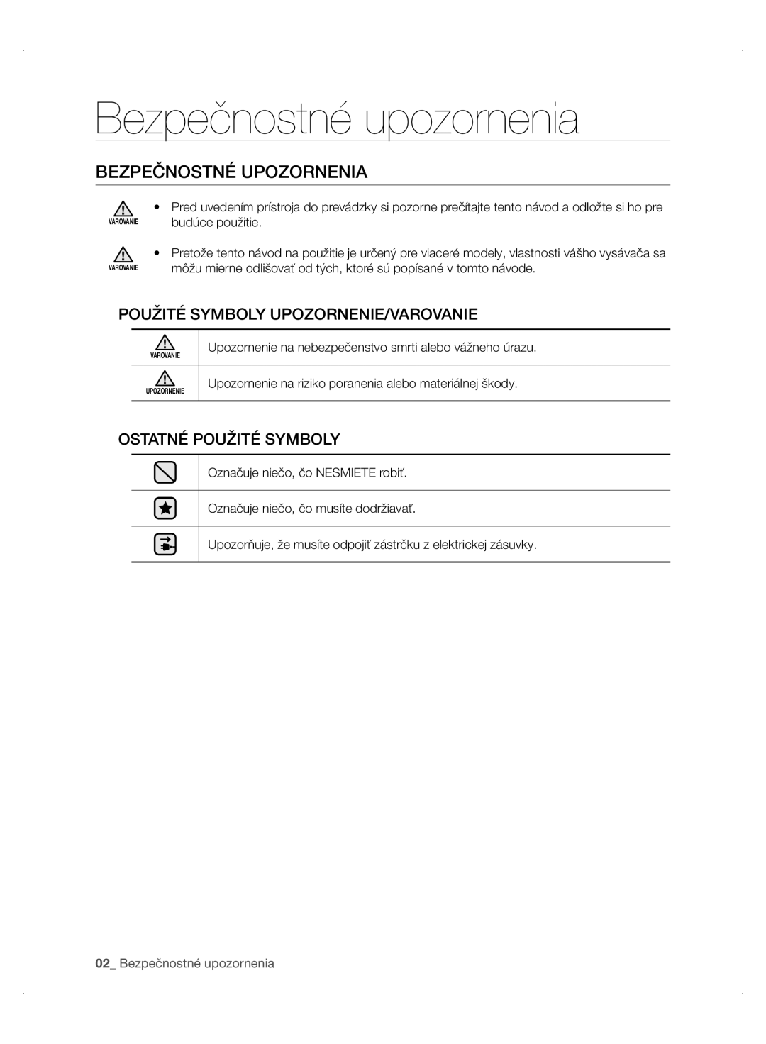 Samsung VC24AHNJGGT/EO, VC24AVNJGGT/EH, VC24AHNJGGT/AG, VC24AVNJGGT/SW Bezpečnostné upozornenia, Bezpečnostné Upozornenia 