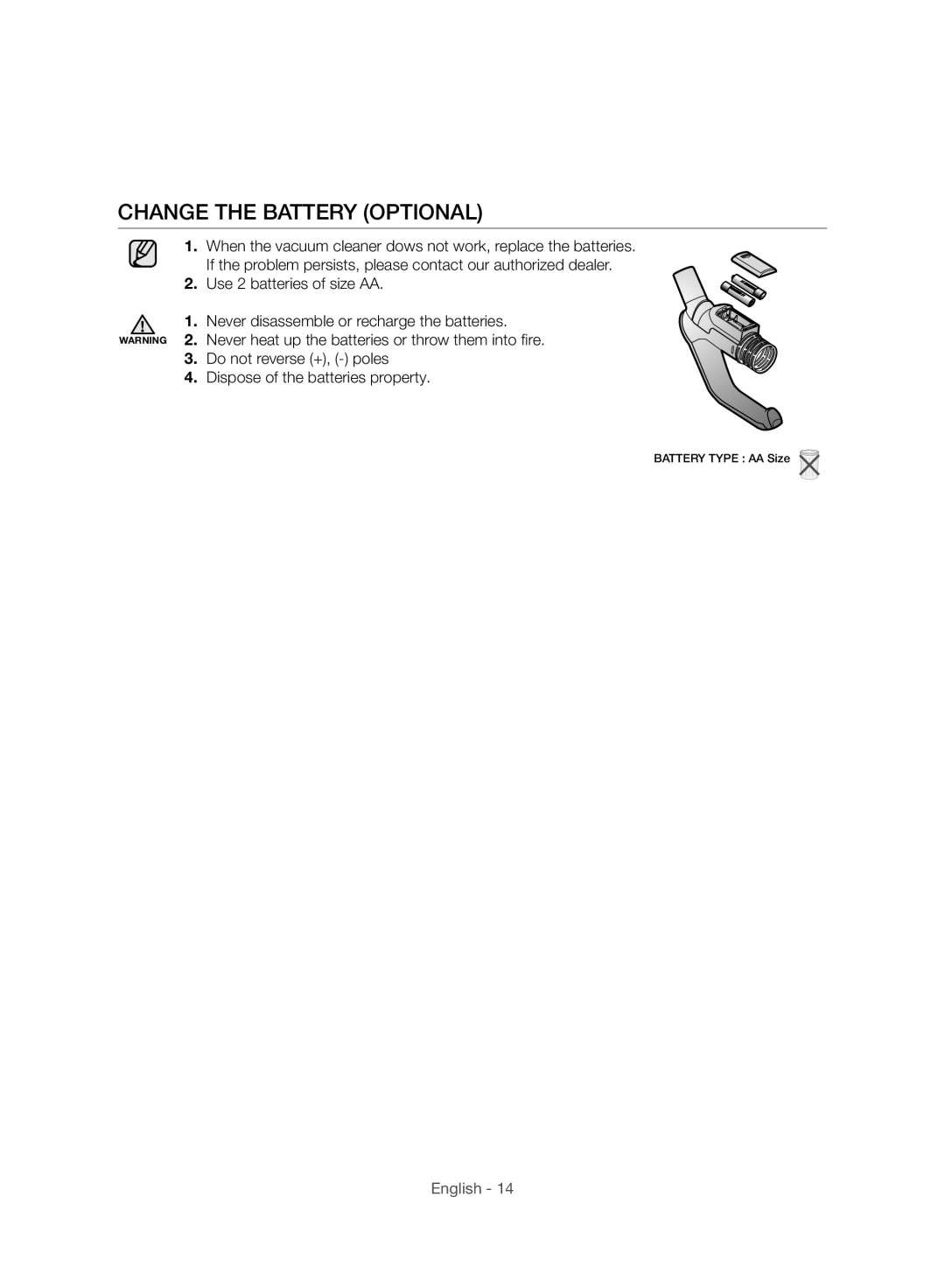 Samsung VC24AVNJGGT/SW, VC24AVNJGGT/EH, VC24AHNJGGT/AG, VC24AHNJGGT/EH, VC24AHNJGGT/EO manual Change the Battery Optional 