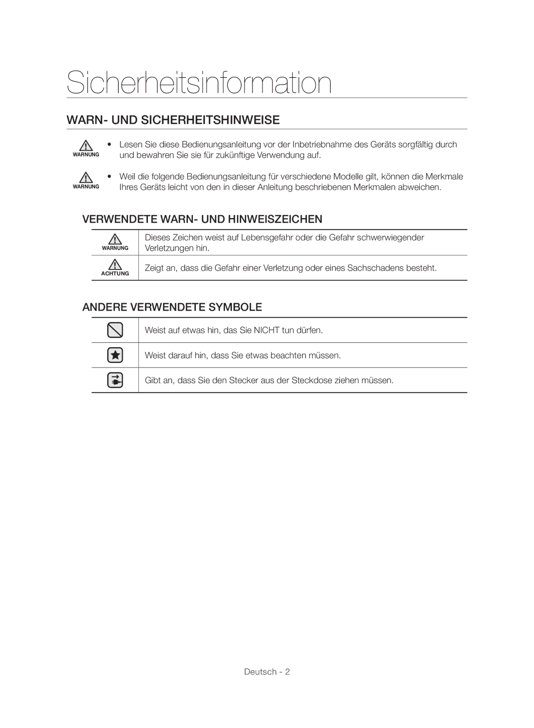 Samsung VC24AVNJGGT/SW manual Sicherheitsinformation, WARN- UND Sicherheitshinweise, Verwendete WARN- UND Hinweiszeichen 