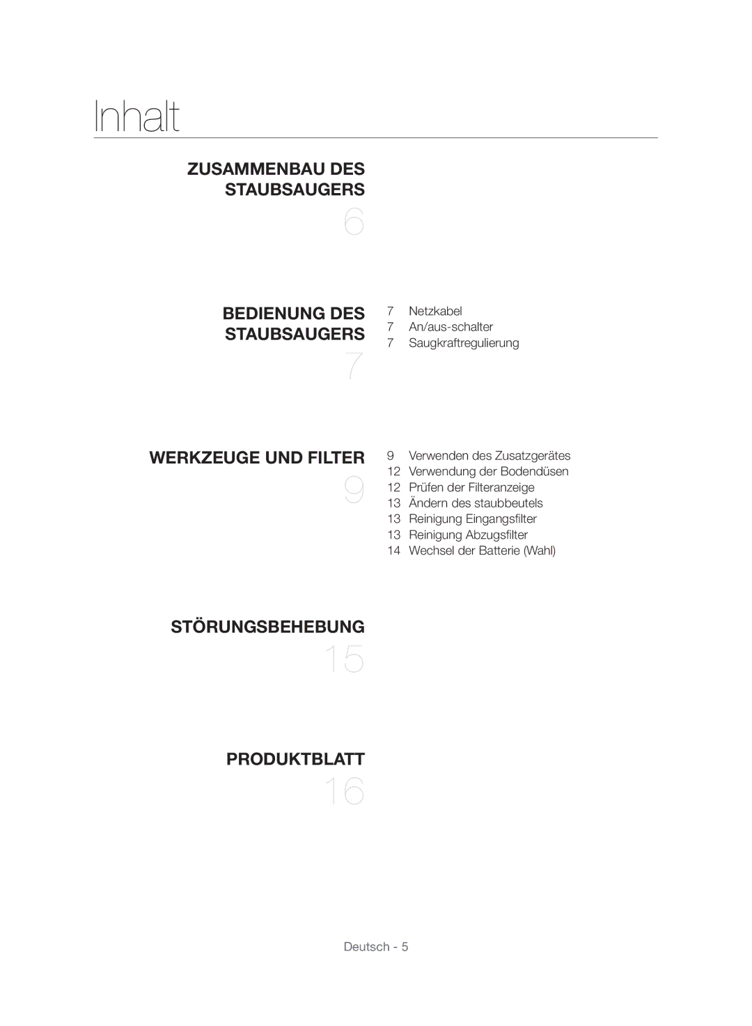 Samsung VC08TVNJGGT/SW, VC24AVNJGGT/EH, VC24AHNJGGT/AG, VC24AVNJGGT/SW, VC24AHNJGGT/EH, VC24AHNJGGT/EO manual Inhalt 