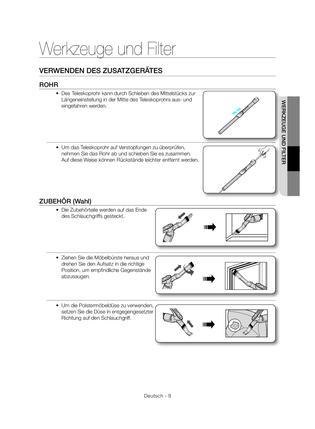 Samsung VC24AHNJGGT/EH, VC24AVNJGGT/EH manual Werkzeuge und Filter, Verwenden DES Zusatzgerätes, Rohr, Zubehör Wahl 