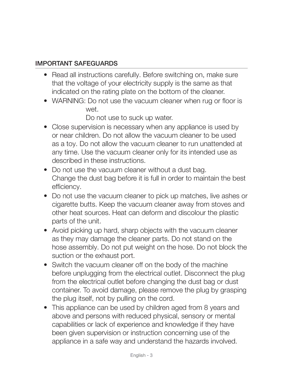 Samsung VC24AHNJGGT/EH, VC24AVNJGGT/EH, VC24AHNJGGT/AG, VC24AVNJGGT/SW, VC24AHNJGGT/EO, VC08TVNJGGT/SW Important Safeguards 