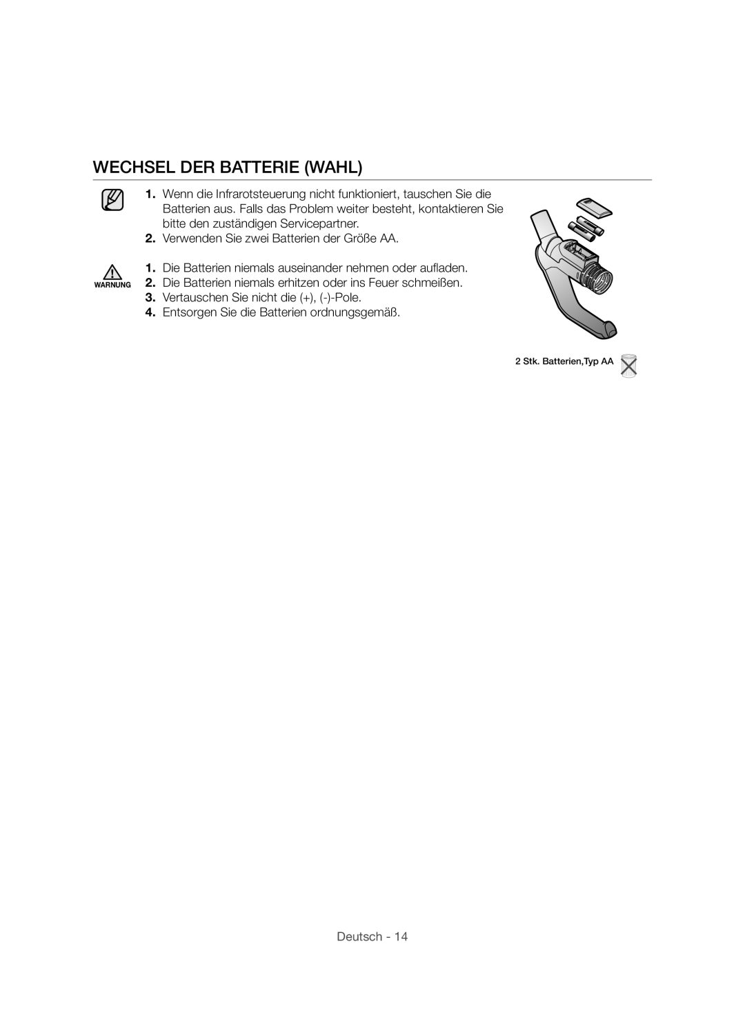 Samsung VC24AVNJGGT/SW, VC24AVNJGGT/EH, VC24AHNJGGT/AG, VC24AHNJGGT/EH, VC24AHNJGGT/EO manual Wechsel DER Batterie Wahl 