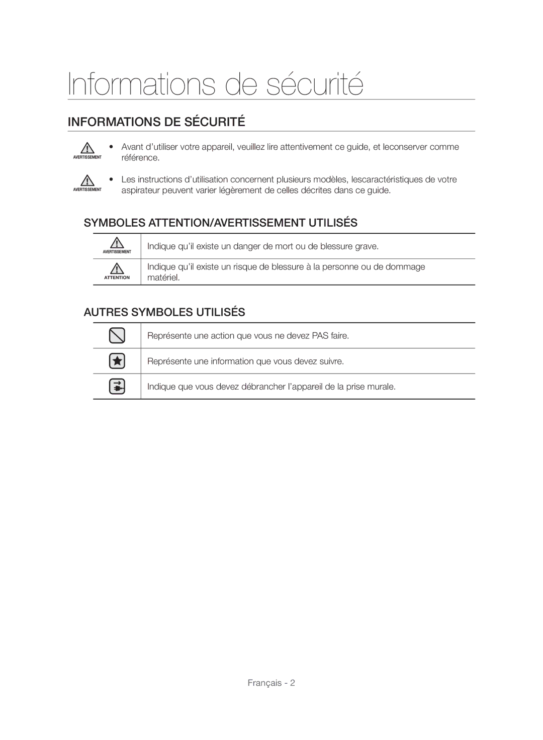 Samsung VC24AVNJGGT/SW manual Informations de sécurité, Informations DE Sécurité, Symboles ATTENTION/AVERTISSEMENT Utilisés 