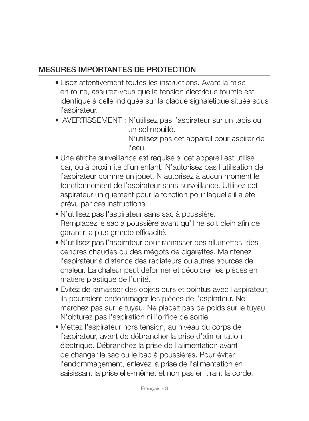 Samsung VC24AHNJGGT/EH, VC24AVNJGGT/EH, VC24AHNJGGT/AG, VC24AVNJGGT/SW, VC24AHNJGGT/EO manual Mesures Importantes DE Protection 