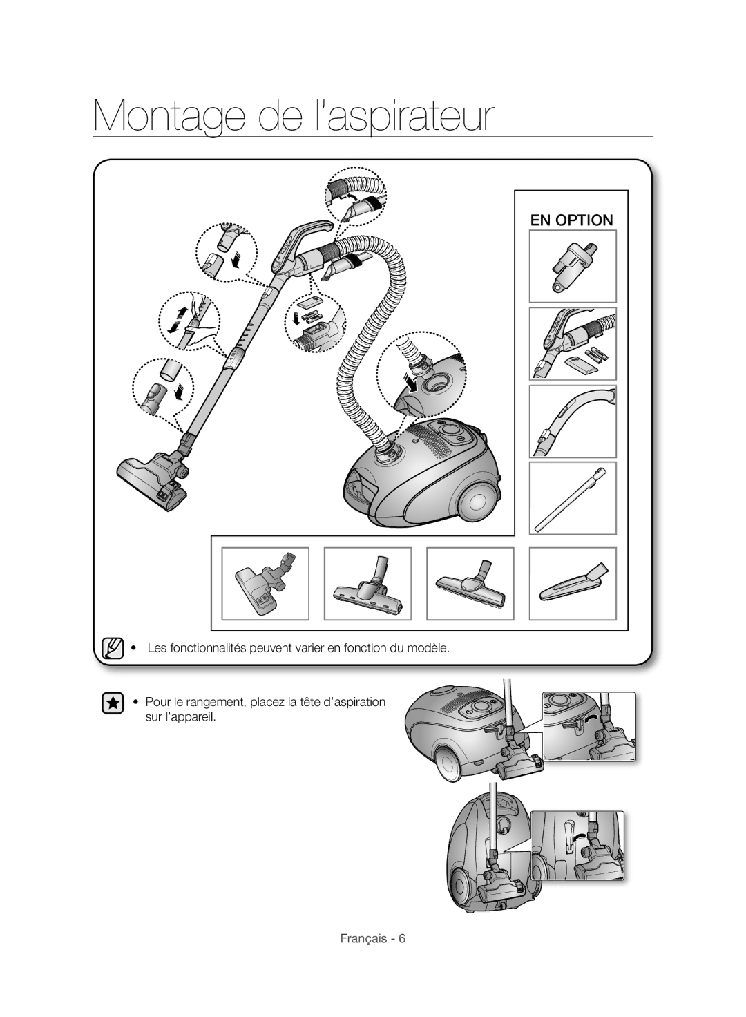 Samsung VC24AVNJGGT/EH, VC24AHNJGGT/AG, VC24AVNJGGT/SW, VC24AHNJGGT/EH, VC24AHNJGGT/EO Montage de l’aspirateur, EN Option 