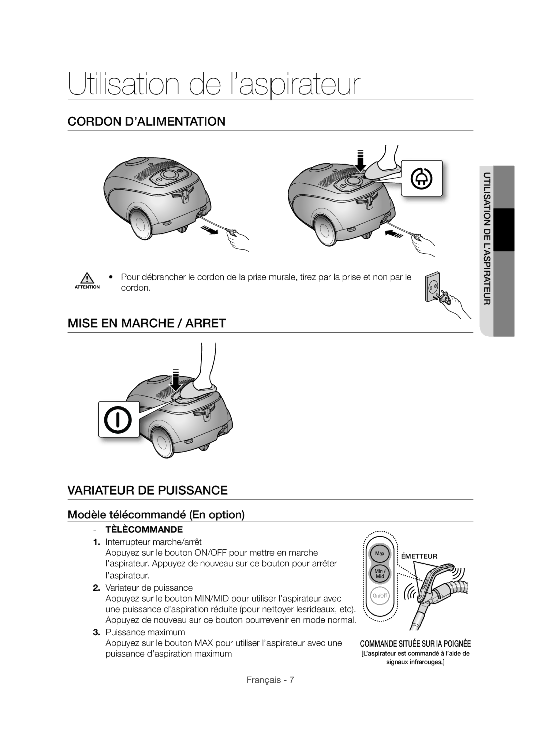 Samsung VC24AHNJGGT/AG Utilisation de l’aspirateur, Cordon D’ALIMENTATION, Mise EN Marche / Arret Variateur DE Puissance 