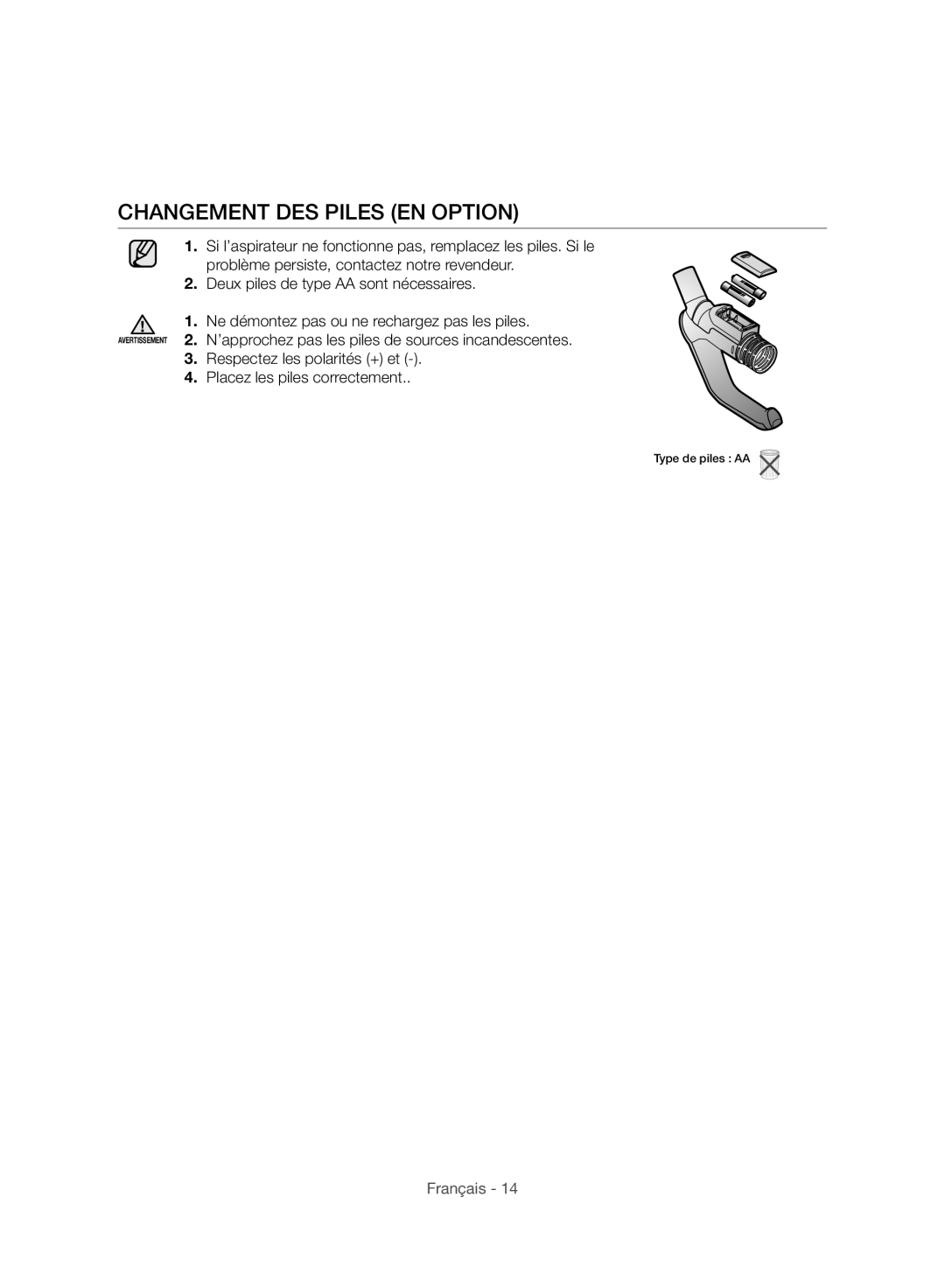 Samsung VC24AVNJGGT/SW, VC24AVNJGGT/EH, VC24AHNJGGT/AG, VC24AHNJGGT/EH, VC24AHNJGGT/EO manual Changement DES Piles EN Option 