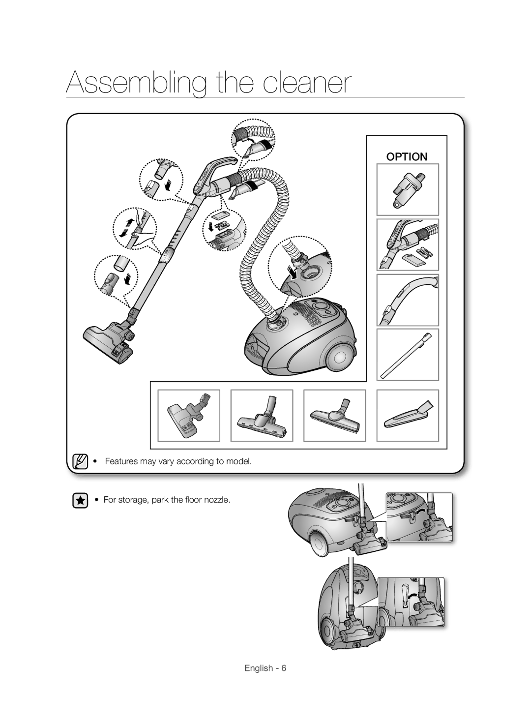 Samsung VC24AVNJGGT/EH, VC24AHNJGGT/AG, VC24AVNJGGT/SW, VC24AHNJGGT/EH, VC24AHNJGGT/EO manual Assembling the cleaner, Option 