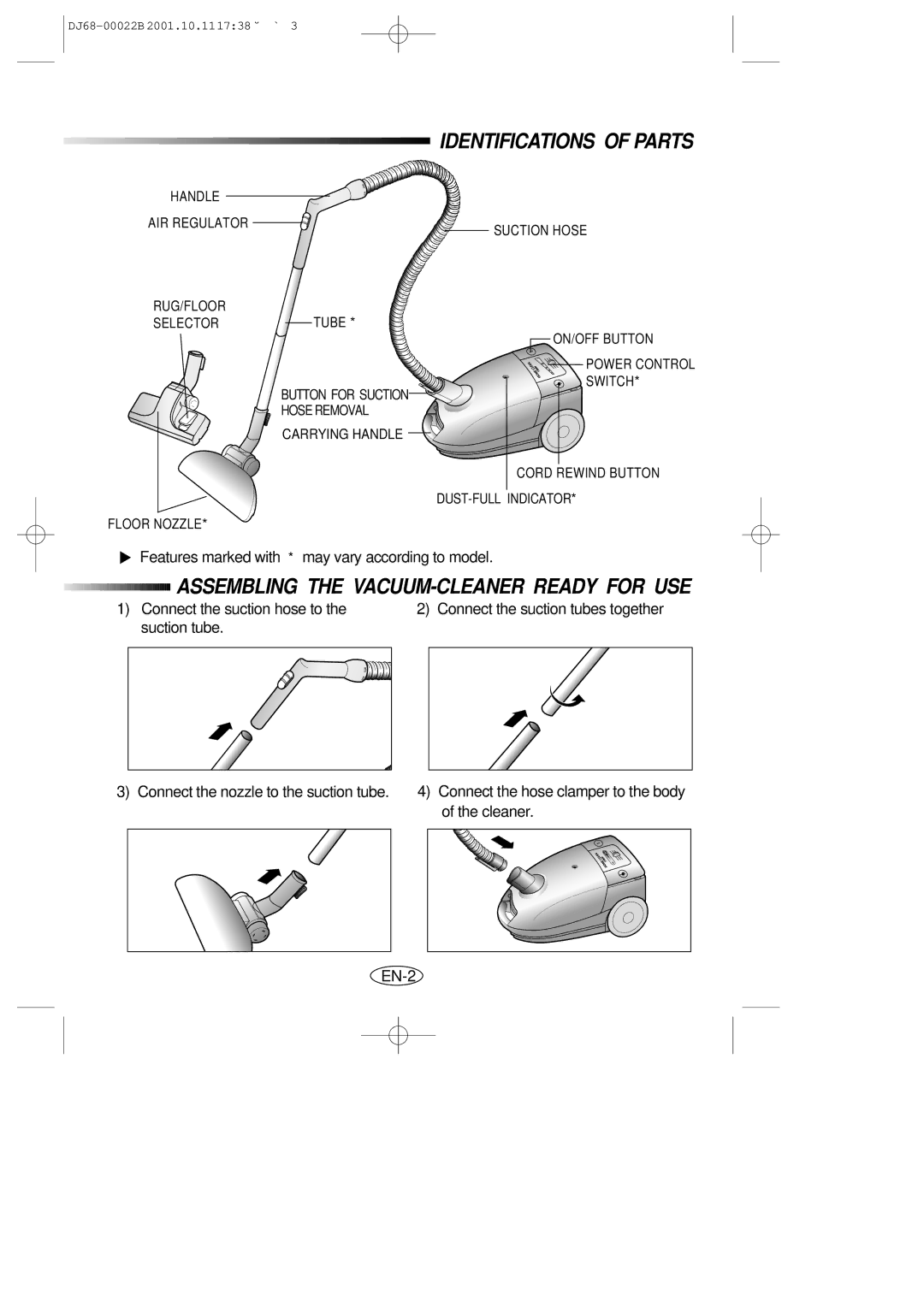 Samsung VC5511SN3R/NSI, VC5511SN3Y/NSI manual Identifications of Parts, Assembling the VACUUM-CLEANER Ready for USE 