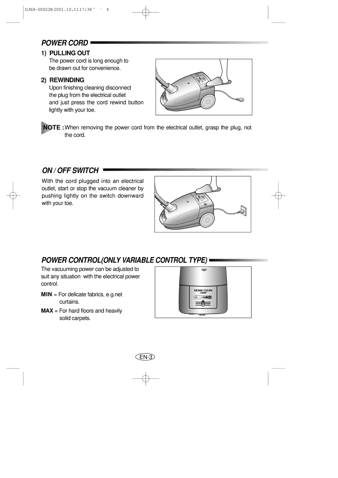 Samsung VC5511SN3Y/NSI, VC5511SN3R/NSI manual Power Cord, On / OFF Switch, Power Controlonly Variable Control Type 