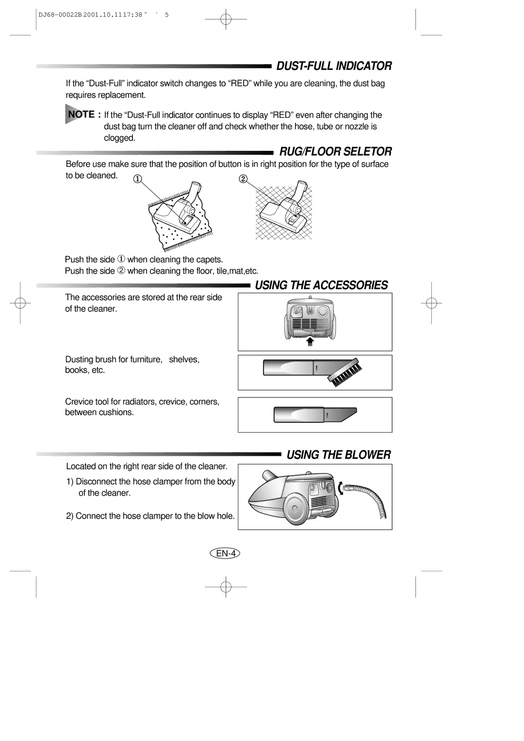 Samsung VC5511SN3R/NSI, VC5511SN3Y/NSI DUST-FULL Indicator, RUG/FLOOR Seletor, Using the Accessories, Using the Blower 