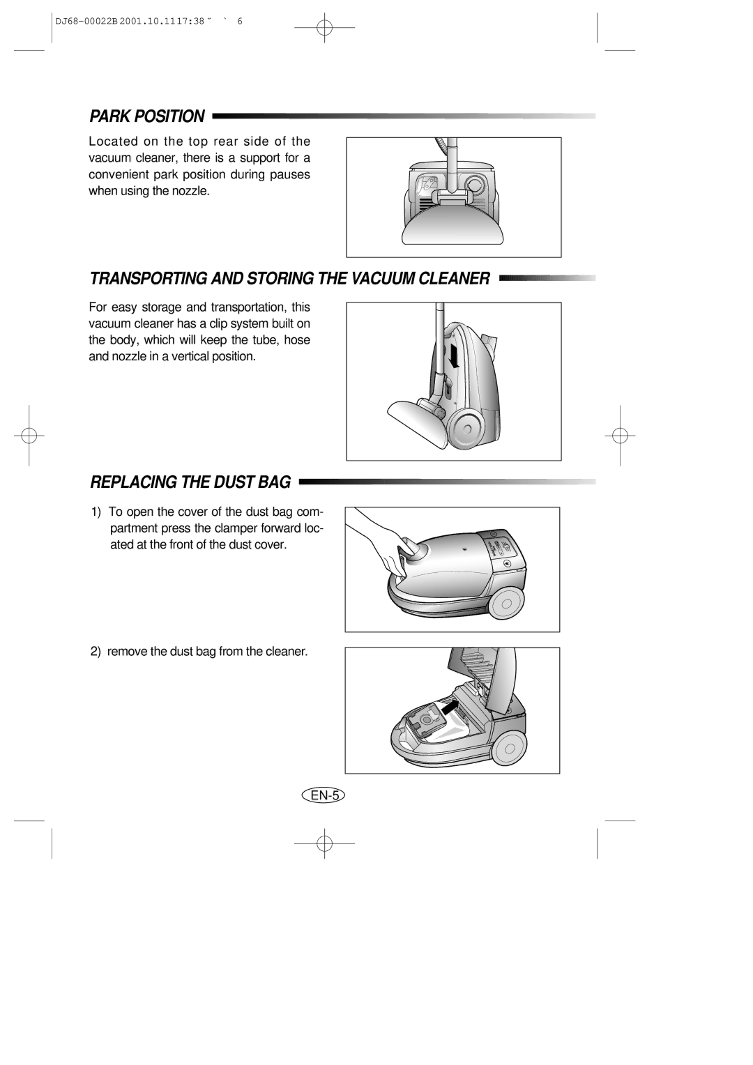 Samsung VC5511SN3Y/NSI, VC5511SN3R/NSI Park Position, Transporting and Storing the Vacuum Cleaner, Replacing the Dust BAG 