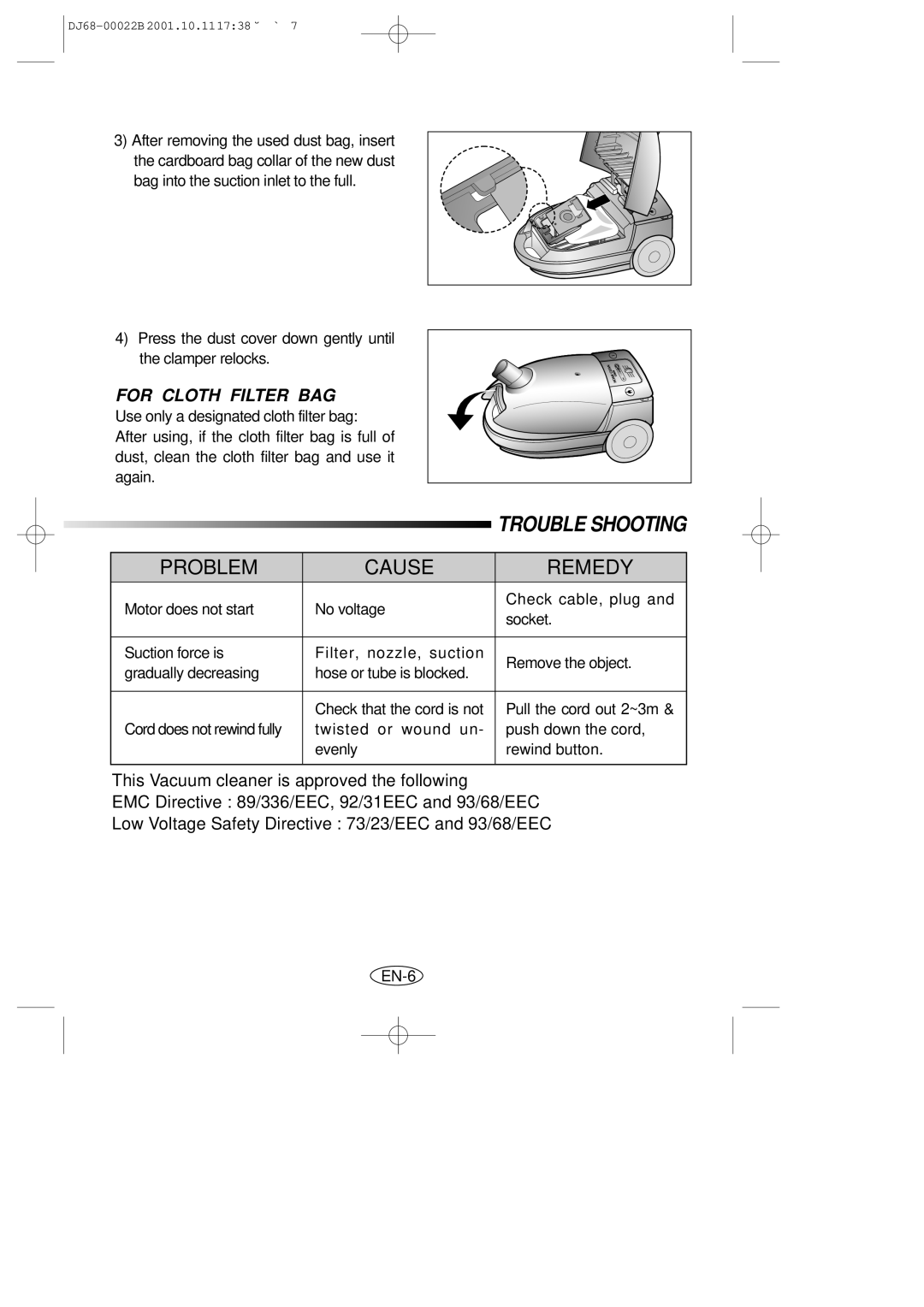 Samsung VC5511SN3R/NSI, VC5511SN3Y/NSI manual Problem Cause Remedy 