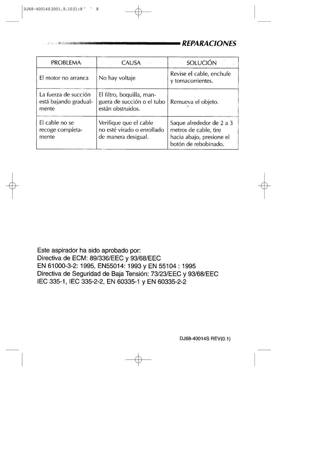 Samsung VC5513SN3B/XEC, VC5513VN3R/XEC manual DJ68-40014S 2001.9.10218 ˘ ` 