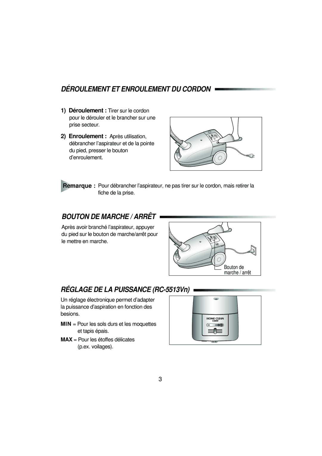 Samsung VC5513VT3R/XEF manual Deroulement ET Enroulement DU Cordon, REGLAGE´ DE LA Puissance RC-5513Vn 