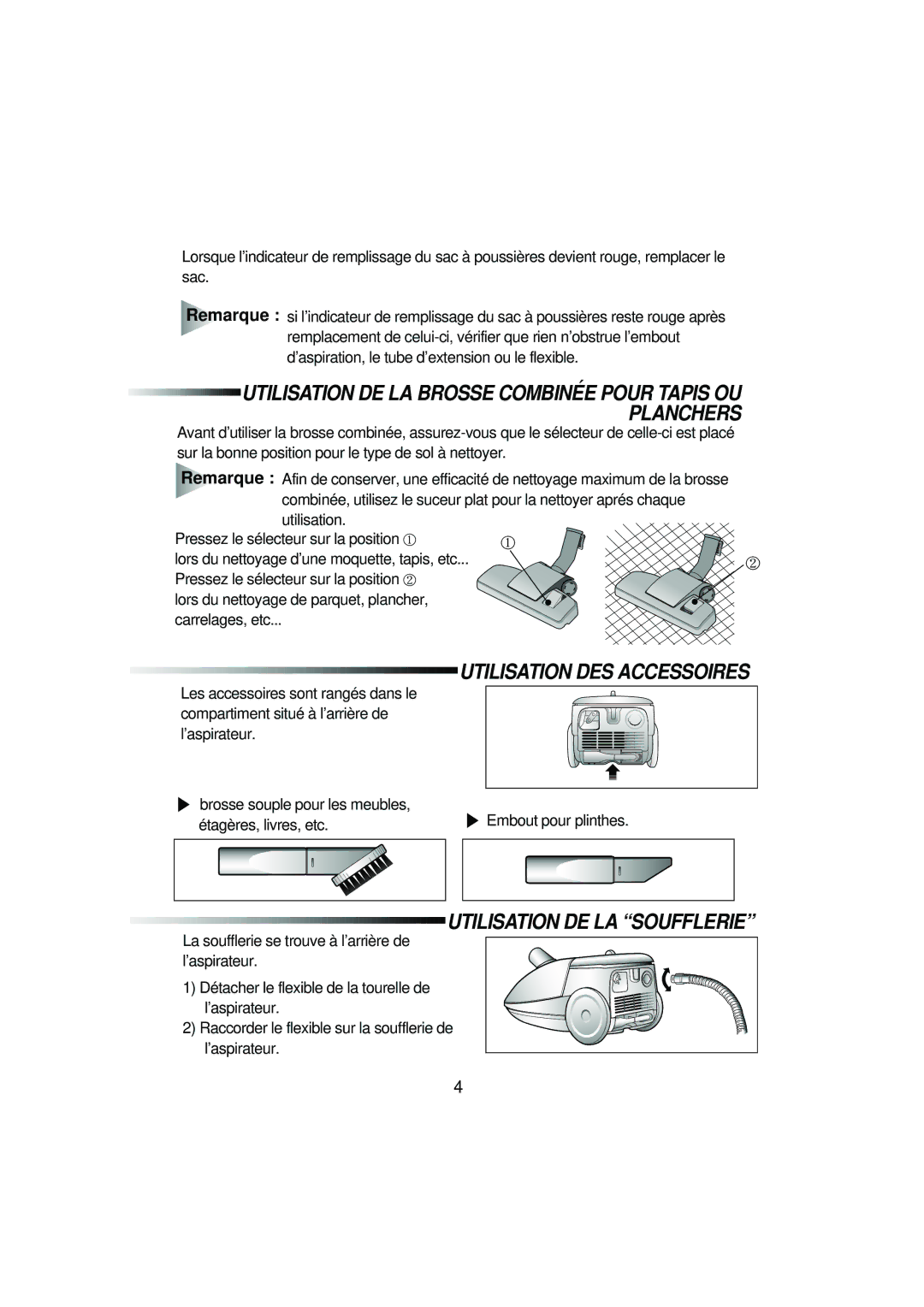 Samsung VC5513VT3R/XEF manual Planchers, Utilisation DES Accessoires, Utilisation DE LA Soufflerie 