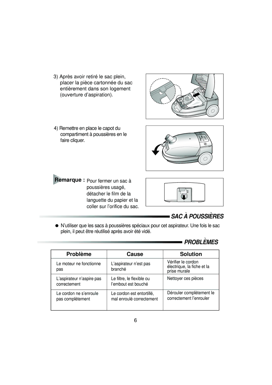 Samsung VC5513VT3R/XEF manual Problème Cause Solution 