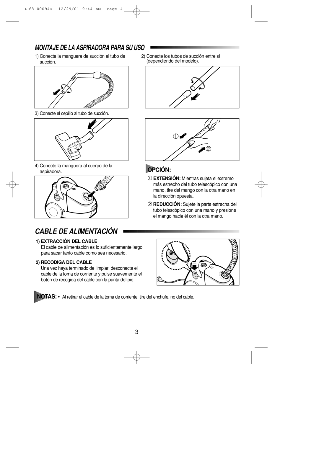 Samsung VC5813SU3S/XEC, VC5813SU2M/XEO Montaje DE LA Aspiradora Para SU USO, Cable DE Alimentación, Extracción DEL Cable 