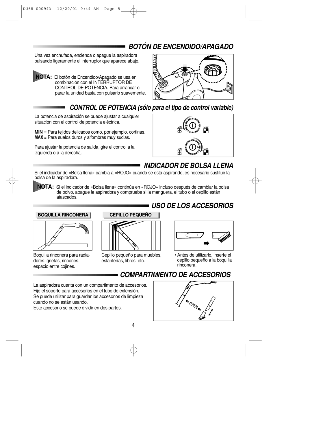 Samsung VC5814VN3R/XEC manual Botón DE ENCENDIDO/APAGADO, Control DE Potencia sólo para el tipo de control variable 