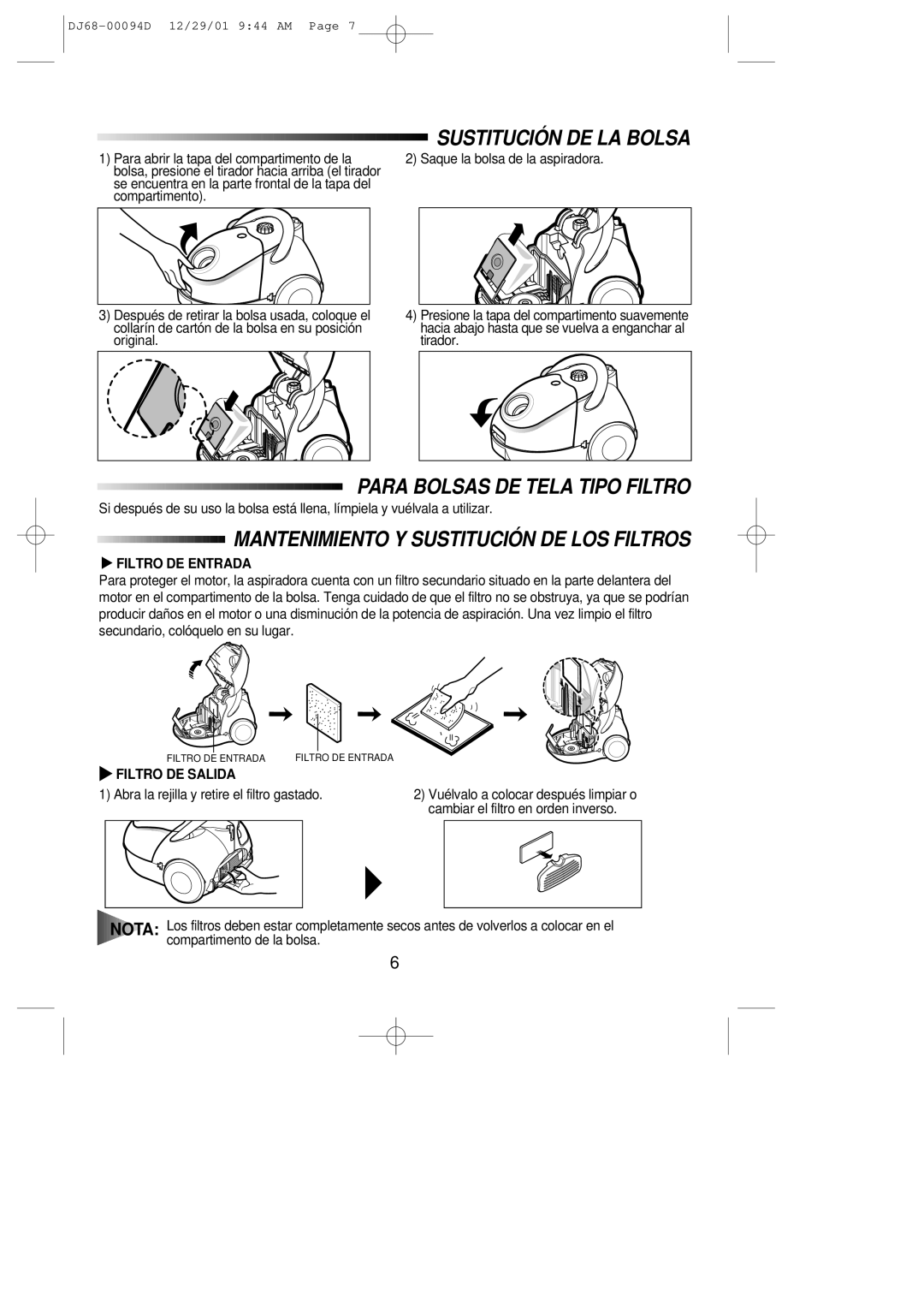 Samsung VC5956VN3K/XEC manual Sustitución DE LA Bolsa, Para Bolsas DE Tela Tipo Filtro, Filtro DE Entrada, Filtro DE Salida 