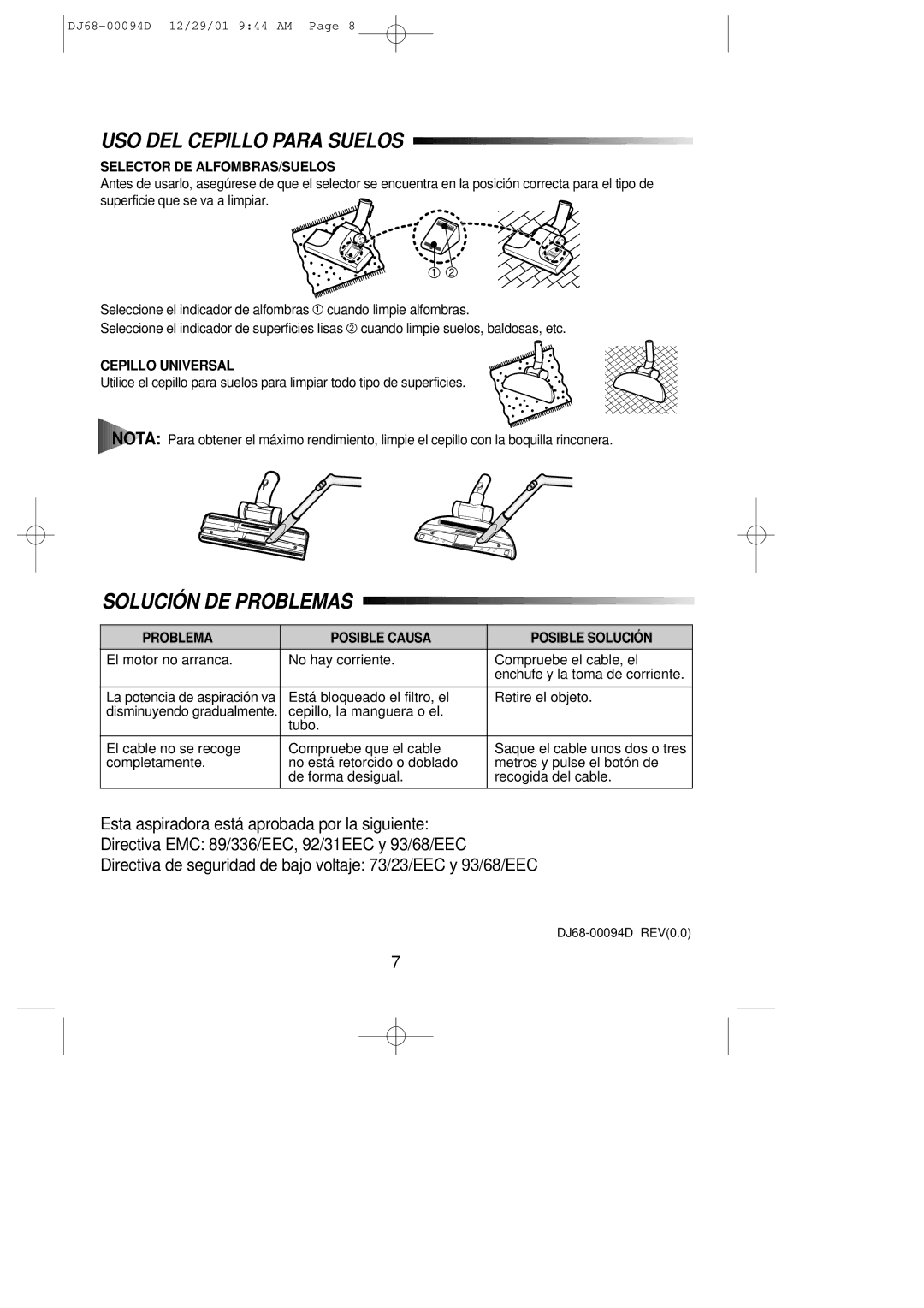 Samsung VC5814VN3R/SML USO DEL Cepillo Para Suelos, Solución DE Problemas, Selector DE ALFOMBRAS/SUELOS, Cepillo Universal 