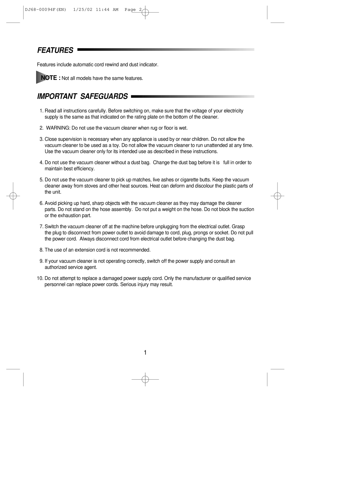 Samsung VC5813SU3B/XEH, VC5815VN3B/XEH manual Features, Important Safeguards 