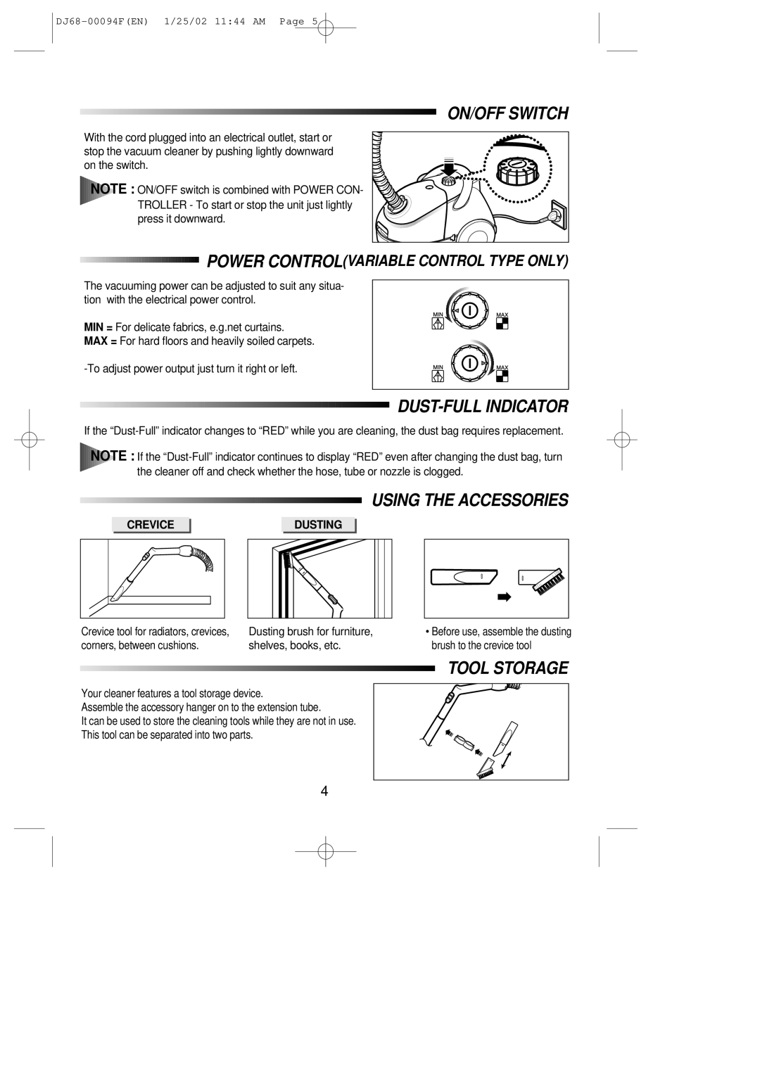 Samsung VC5815VN3B/XEH, VC5813SU3B/XEH manual ON/OFF Switch, DUST-FULL Indicator, Using the Accessories, Tool Storage 