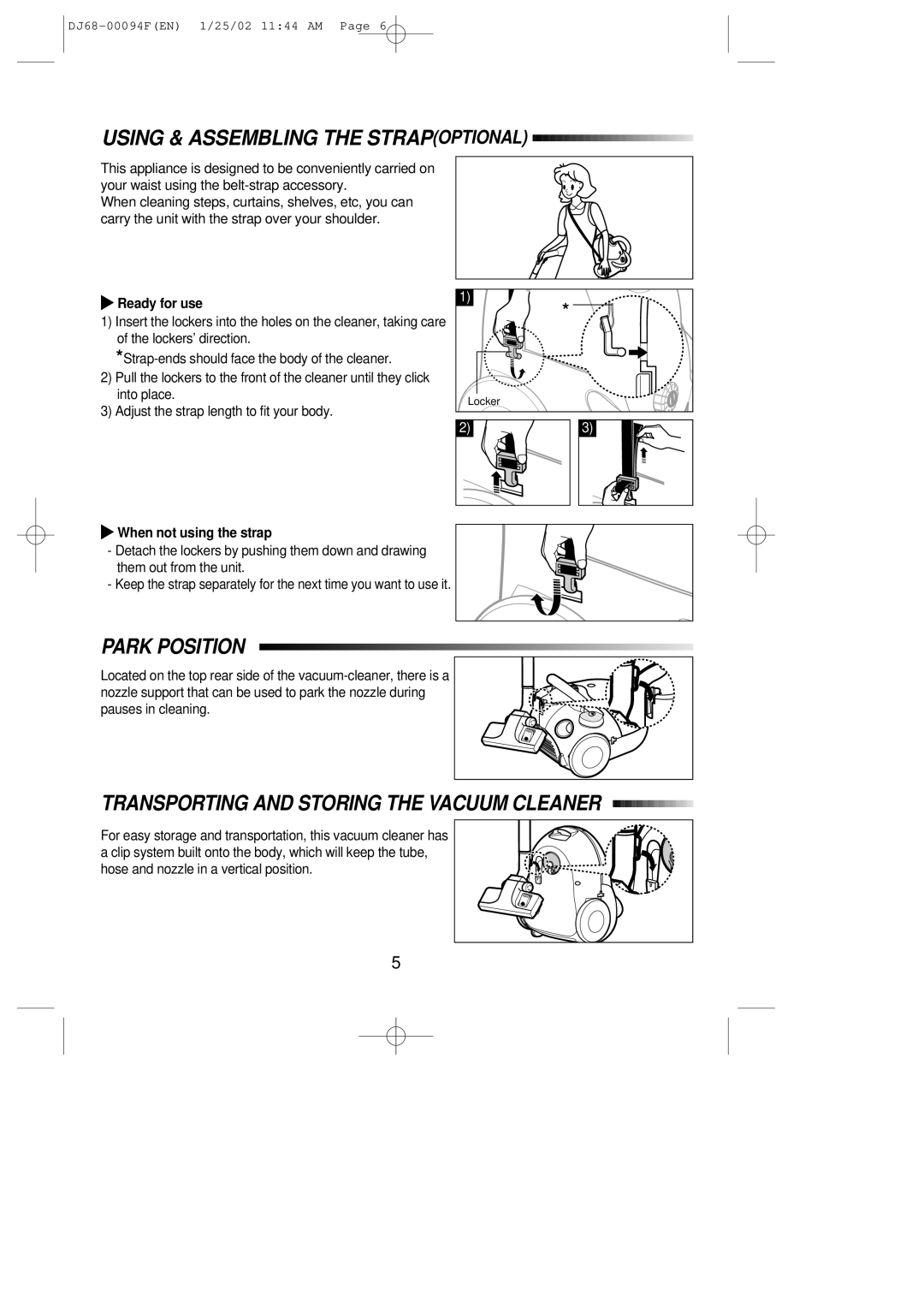 Samsung VC5813SU3B/XEH Using & Assembling the Strapoptional, Park Position, Transporting and Storing the Vacuum Cleaner 