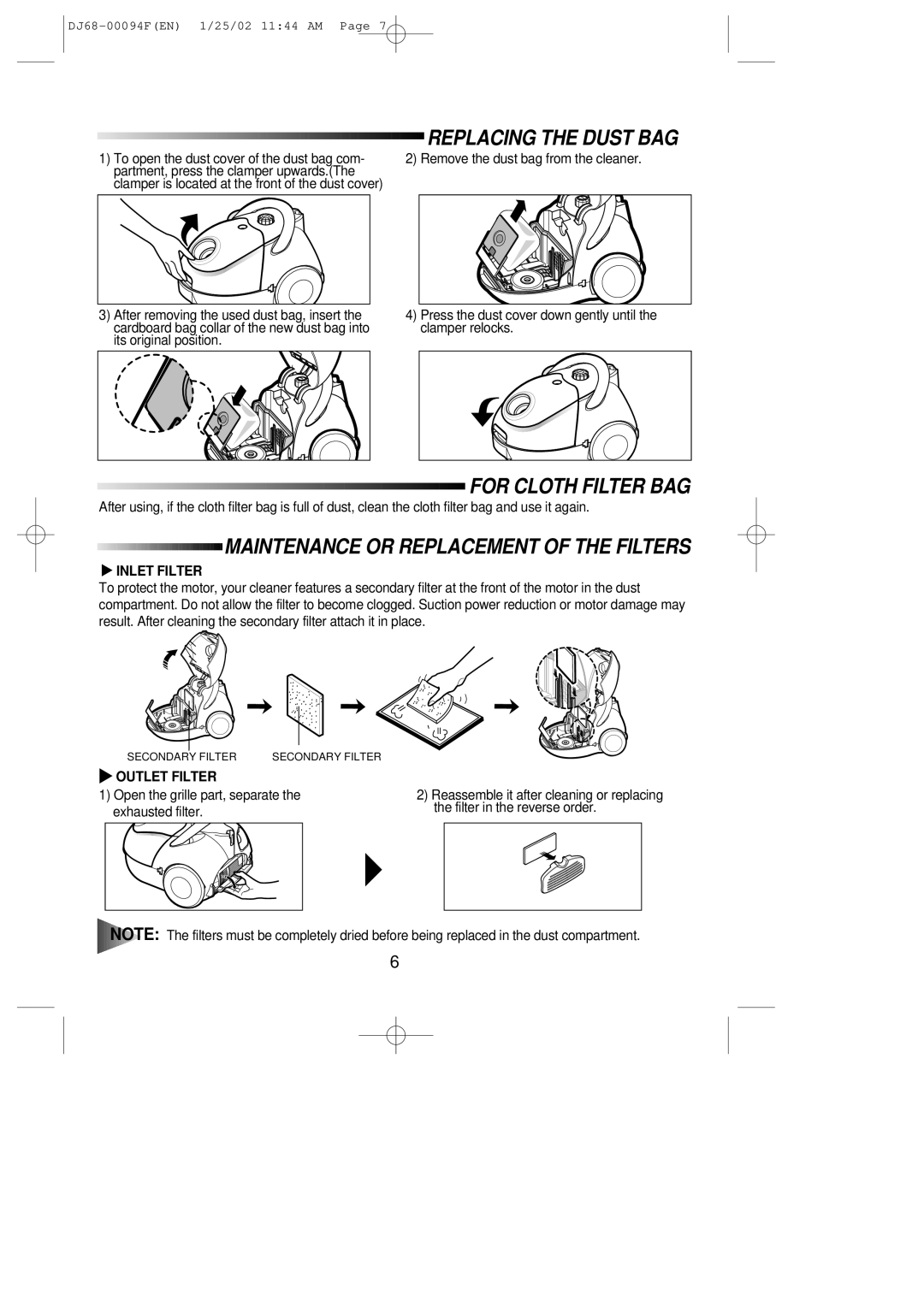 Samsung VC5815VN3B/XEH manual Replacing the Dust BAG, For Cloth Filter BAG, Maintenance or Replacement of the Filters 