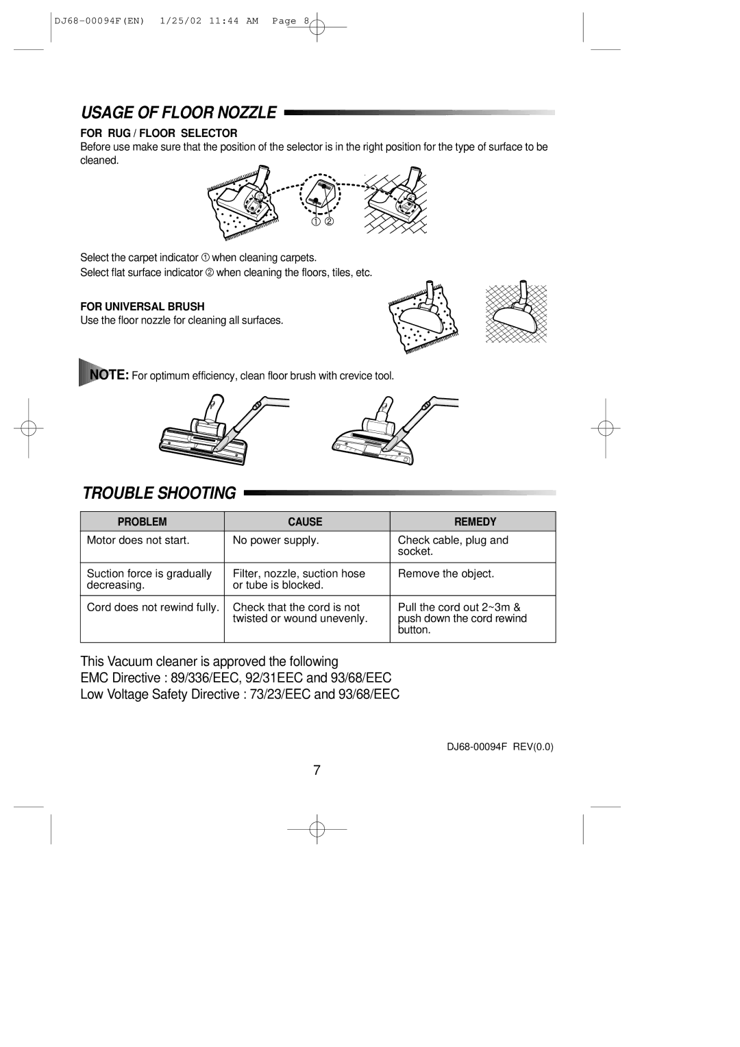 Samsung VC5813SU3B/XEH manual Usage of Floor Nozzle, Trouble Shooting, For RUG / Floor Selector, For Universal Brush 